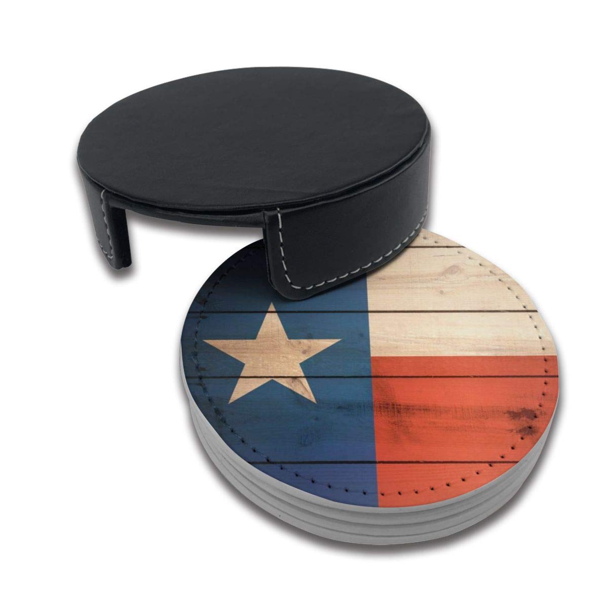 Wooden Texas Flag Drink Coasters with Holder - Set of 6 for Beer, Wine & Coffee Cups - Perfect for Home Bars, BBQ Parties & Office Use