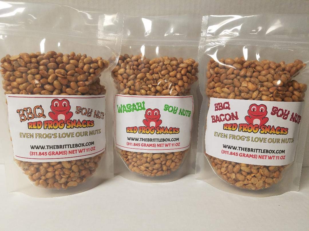 Wasabi, BBQ Bacon & BBQ Red Frog Flavored Soy Nuts - High Protein Snack (3-Pack) | Healthy Vegan Keto-Friendly Snacks for Work, Travel & Fitness