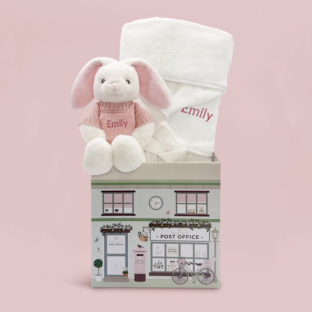 Personalized Pink Little Bunny Bathrobe and Hamper Set for Babies 0-12 Months - Perfect for Newborn Gifts, Baby Showers & Nursery Decor