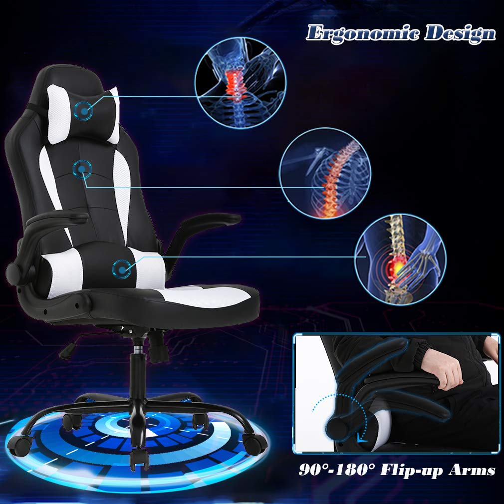 Ergonomic Massage Gaming Chair - PU Leather Office Desk Chair with Lumbar Support, Adjustable Headrest & Flip-Up Armrests, Swivel Rolling Base - Comfortable for Women & Adults (White) - Perfect for Home Office, Gaming Setup & Workstation