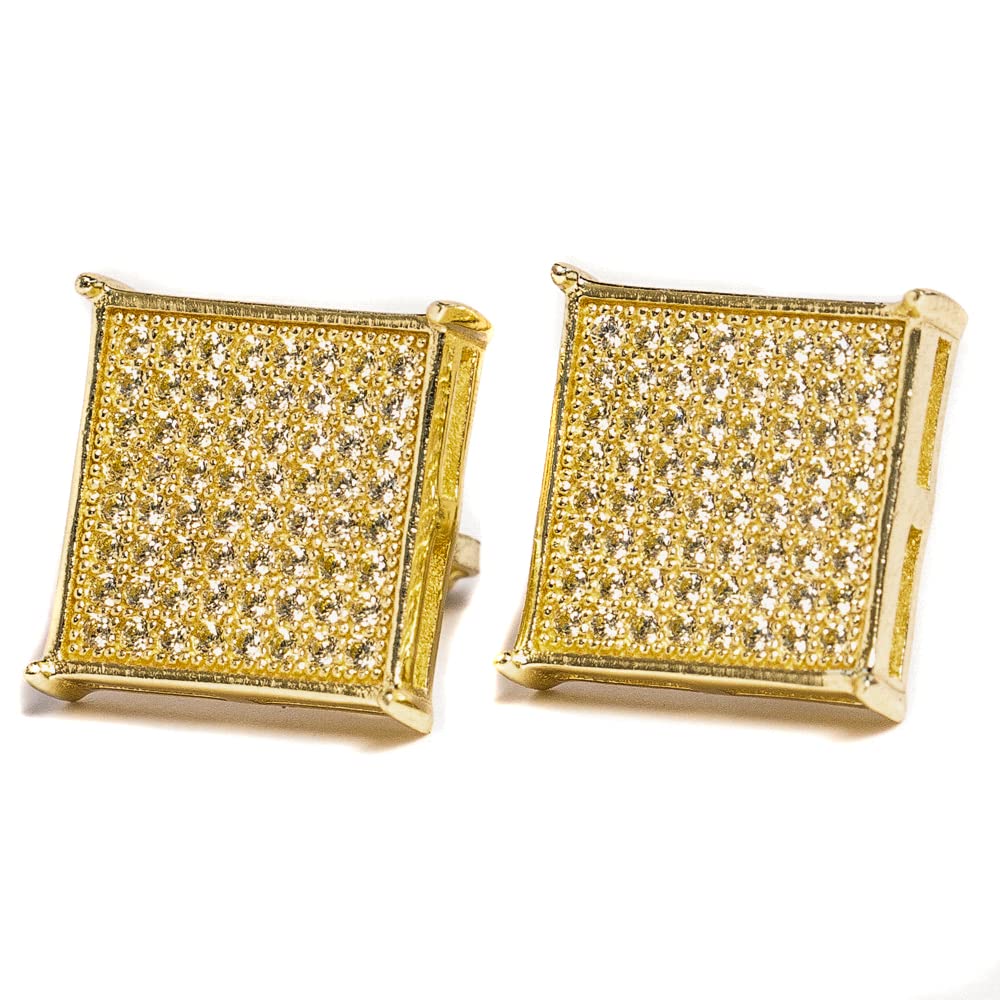 14K Yellow Gold Plated 925 Sterling Silver Men's Cubic Zirconia Stud Earrings - 14mm Big Square Flat Screen Iced Hip Hop Style - Hypoallergenic Screw Back for Sensitive Ears - Perfect for Gifts, Parties, and Everyday Wear