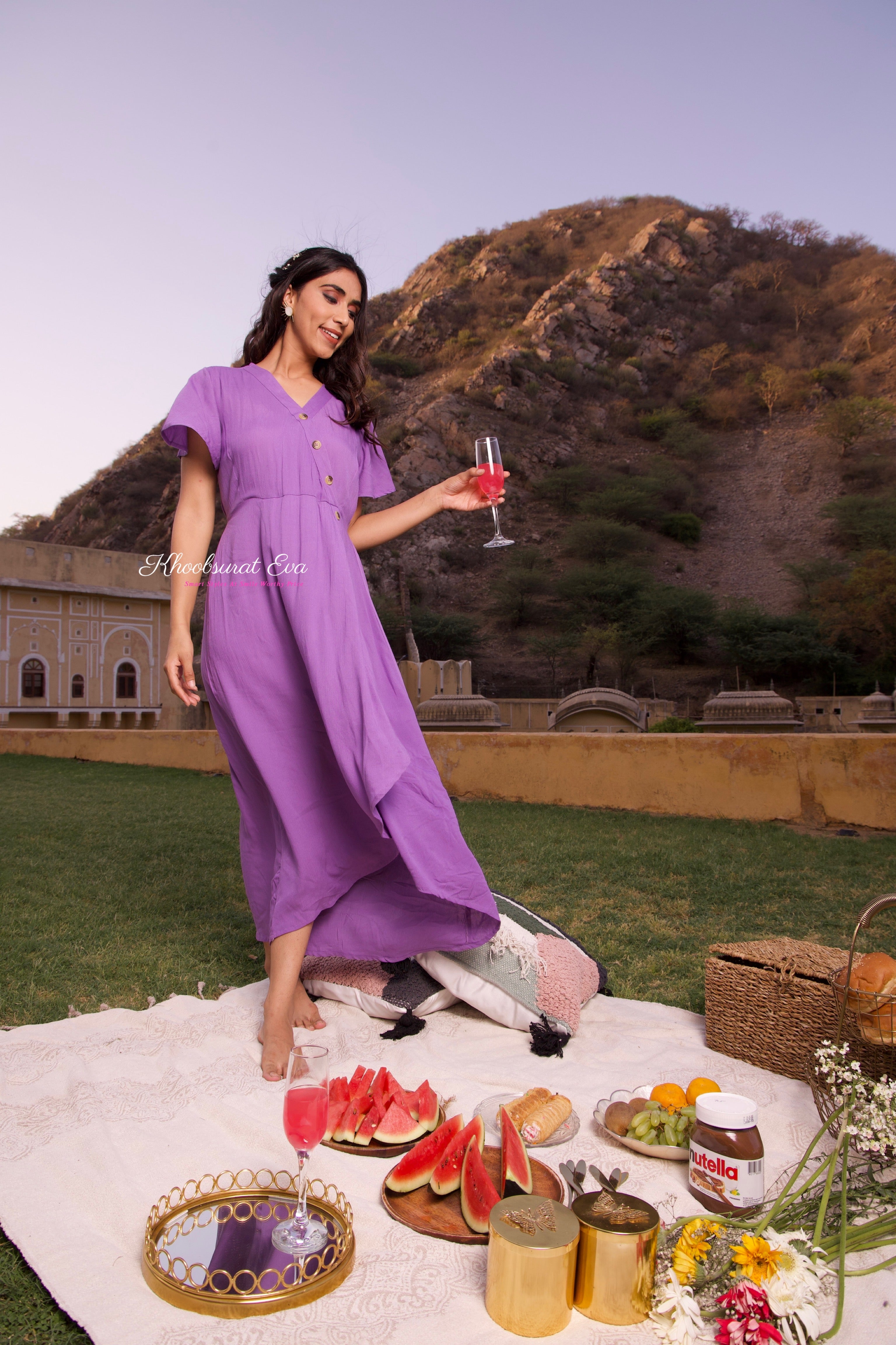 Lavender V-Neck Midi Dress for Women - Flowy Summer Dress with Pockets | Perfect for Beach, Wedding & Casual Outings