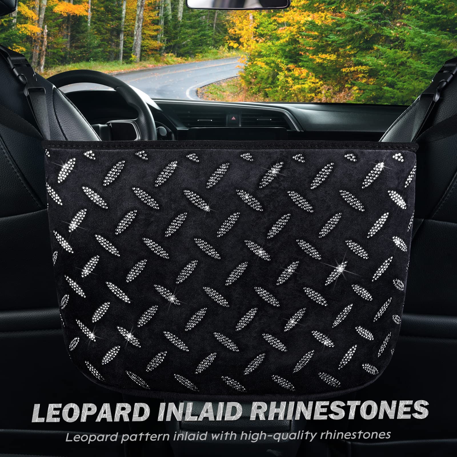 Crystal Car Organizer & Storage Purse Holder with Bling Diamonds - White Seat Back Net Handbag Accessories for Women, Pet Barrier for Dogs & Kids - Perfect for Road Trips & Daily Commutes