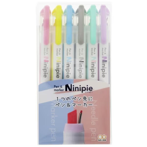 Ninipie 6-Color Pen & Marker Highlighter Set - Vibrant Assorted Colors for Note Taking, Studying & Office Use - Sun Star Brand