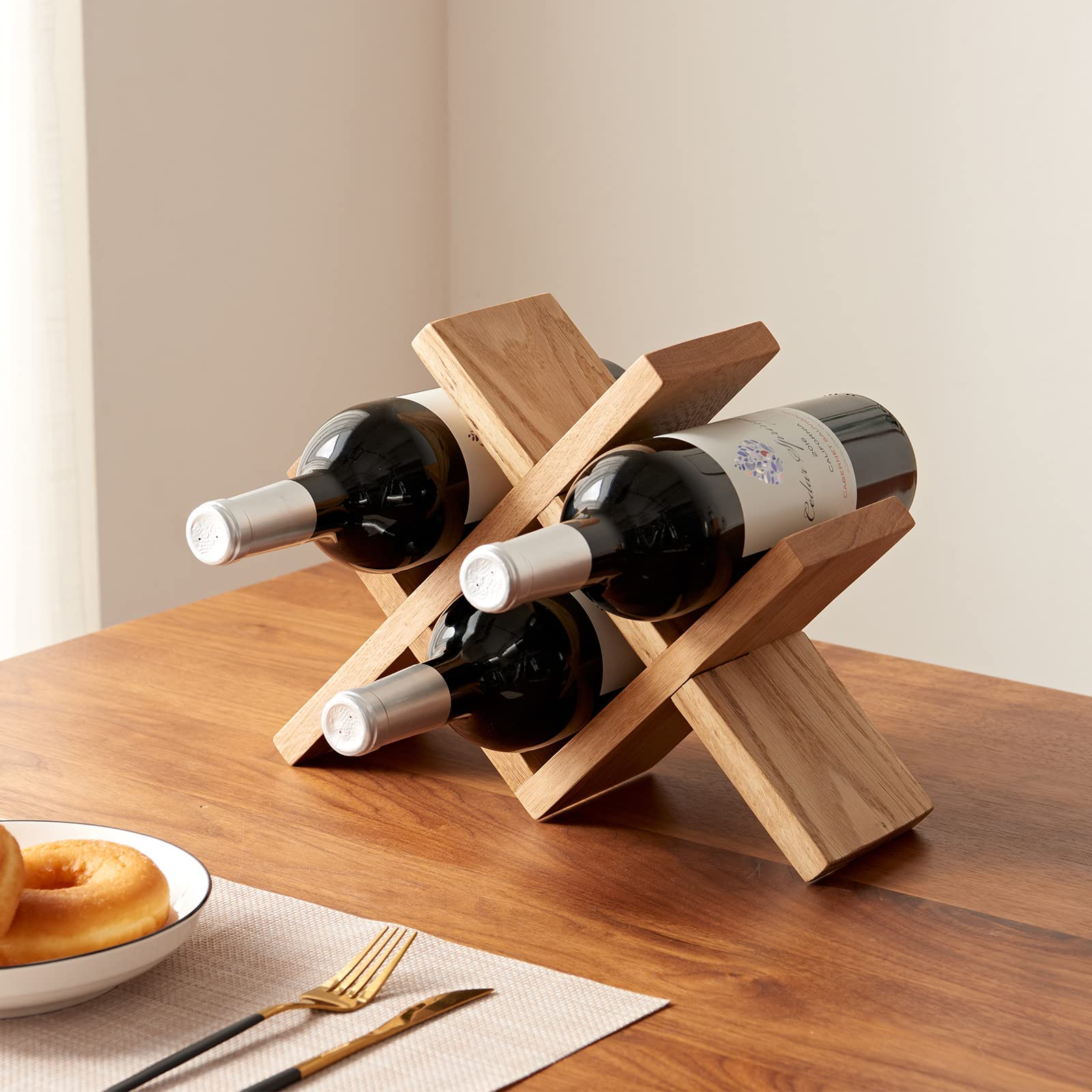 Solid Oak Wood Countertop Wine Rack Holder - 4 Bottle Organizer for Wine, Beer & Drinks - Perfect for Home Bar, Kitchen, Cellar & Basement Storage - Durable & Stylish Wine Display for Entertaining & Dining