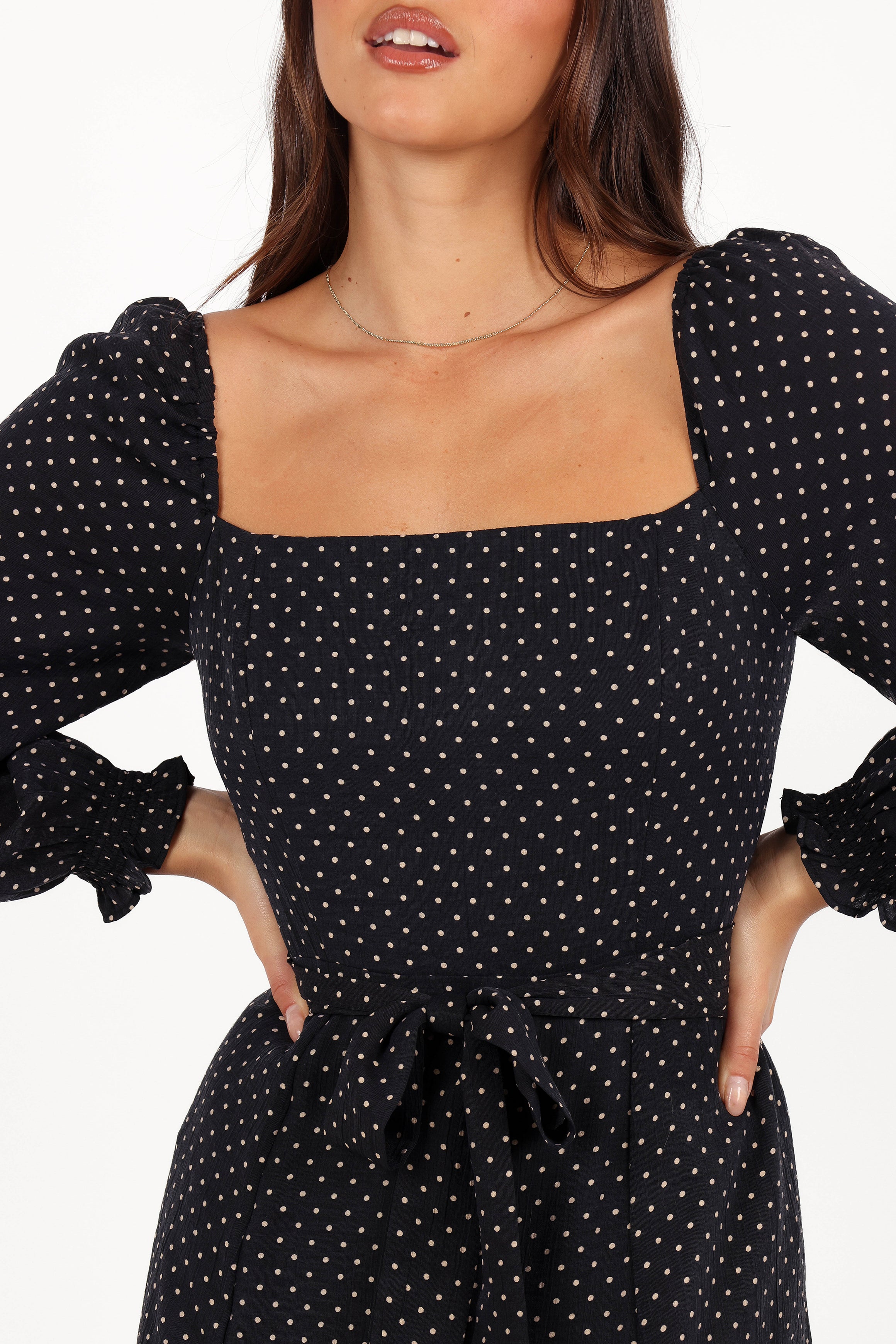 Ettie Women's Long Sleeve Midi Dress - Black Polka Dot Floral Print Casual Party Wear for Fall & Winter | Office, Date Night, Holiday Outfit