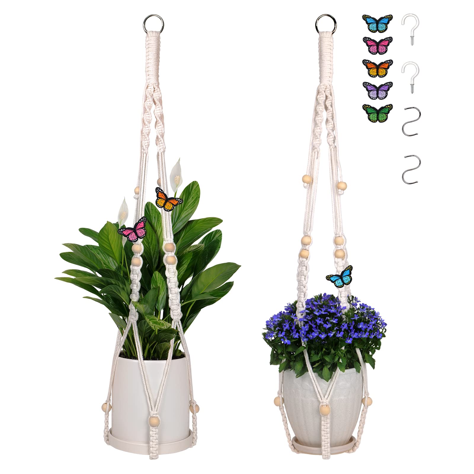 Handmade Cotton Rope Macrame Plant Hangers for Indoor & Outdoor - Set of 2 Boho Hanging Planters with Hooks - Natural Ivory Home Decor for Living Room, Bedroom, Balcony & Garden