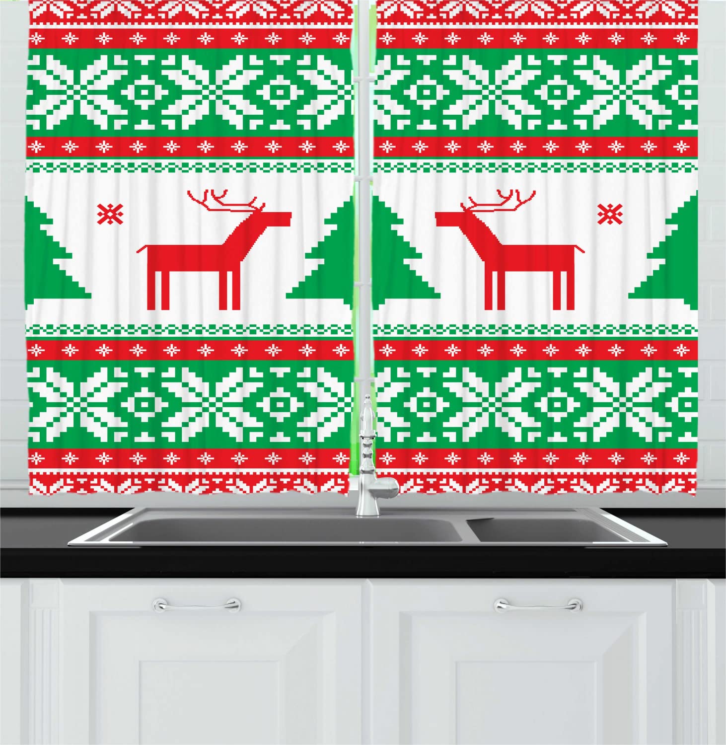 Ambesonne Christmas Long Kitchen Curtains - Knit Style Reindeer, Star & Snowflake Holiday Theme - 2 Panel Drapes with Rod Pocket - 55