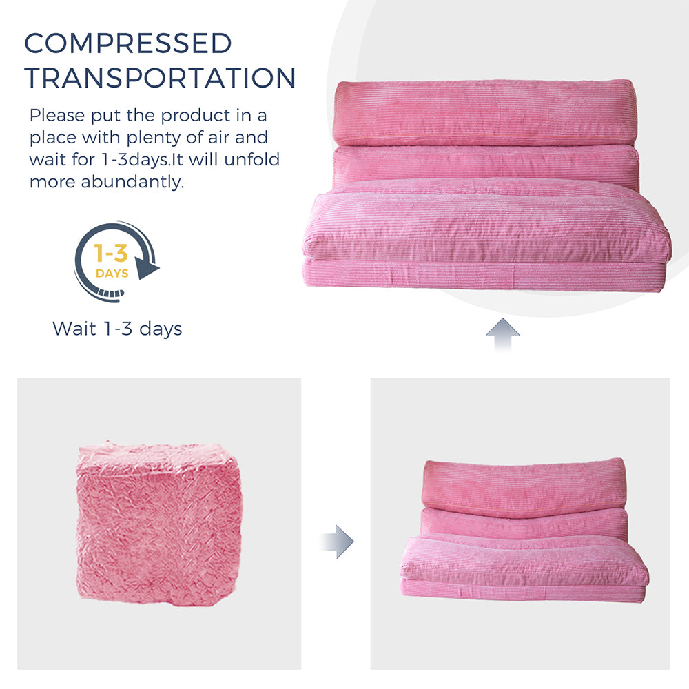 MAXYOYO Folding Sofa Bed - Extra Wide Corduroy Floor Bed in Pink | Convertible Sleeper for Small Spaces, Guest Room & Dorm | Comfortable Lounge Chair for Living Room, Bedroom & Office