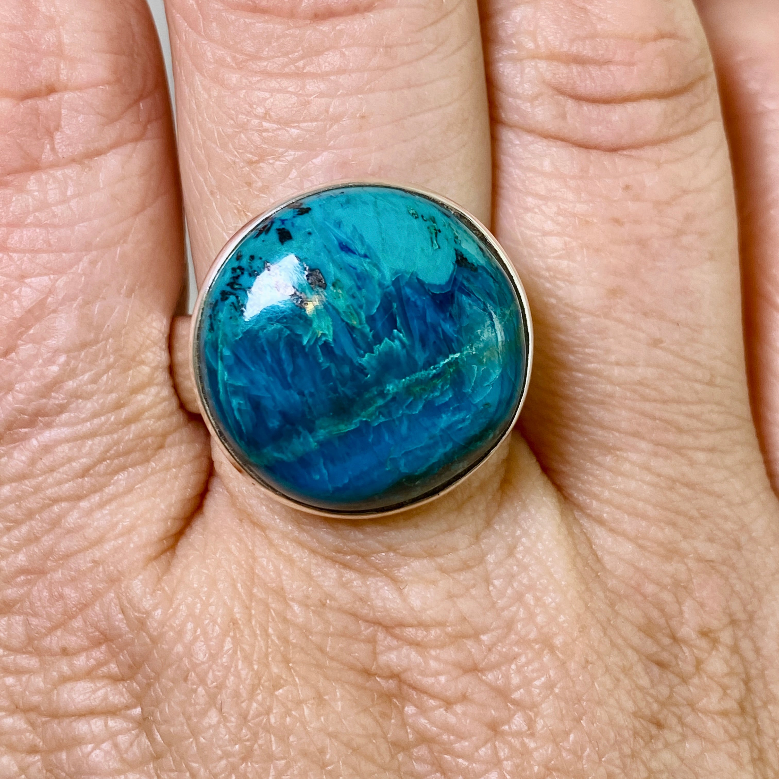 Shattuckite Round Cabochon Ring - Size 10.5 - Natural Stone Jewelry - Handmade Boho Ring for Women - Perfect for Spiritual Healing & Meditation Accessories