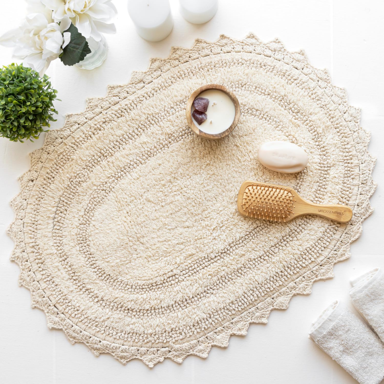 RAJRANG Short Bathroom Rug 24x17 Inches - 2 Pack Cotton Crochet Reversible Boho Bath Mat | Non-Slip Soft Floor Mat for Bathroom, Shower, Vanity & Bedroom Decor