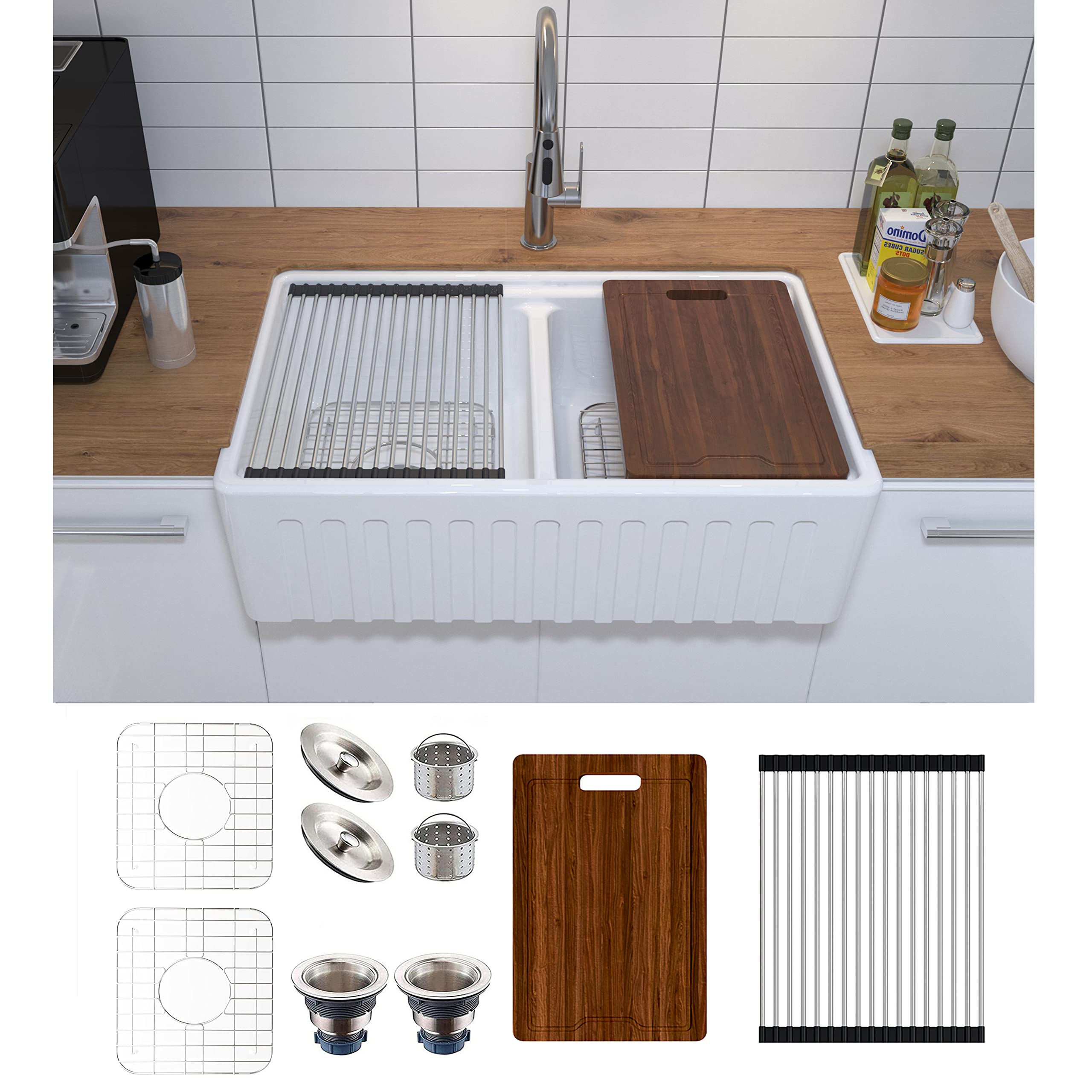 MEJE #KS 33x20 Inch 50/50 Double Bowl Ceramic Farmhouse Kitchen Sink with Apron-Front Design, Step Rim Workstation, Cutting Board, Grid & Strainer - White | Perfect for Modern Farmhouse, Rustic & Country Style Kitchens
