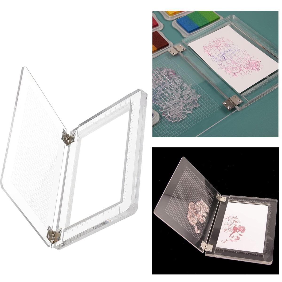 Acrylic Stamp Platform for Scrapbooking - Transparent Stamping Tool with Grid Lines & Measurements (7.7×5.9 Inch) - Perfect for Card Making, DIY Crafts, and Paper Projects