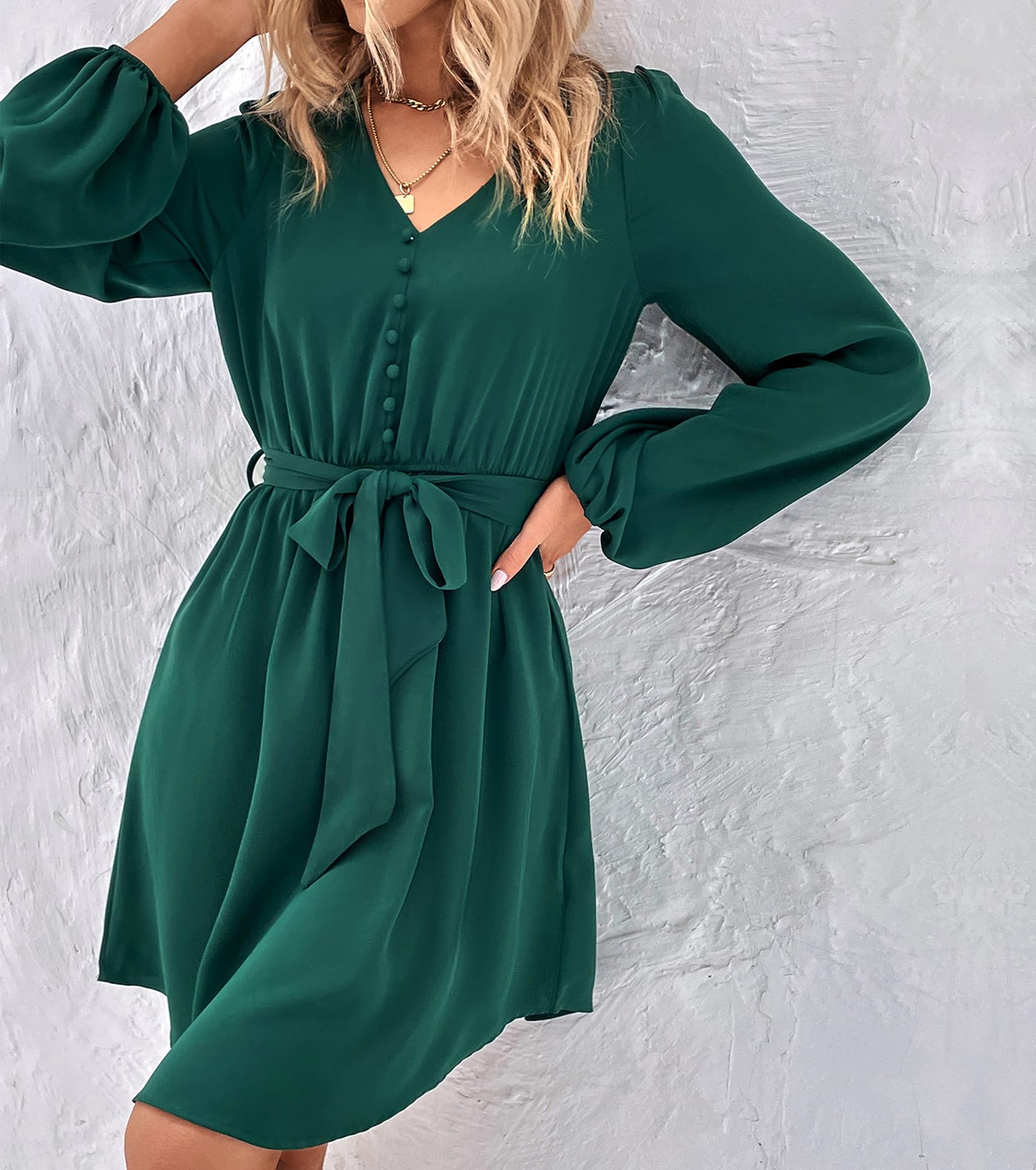 Women's Floral V-Neck Long Sleeve Midi Dress for Spring & Fall - Elegant Smocked Waist Wedding Guest & Party Cocktail Dress | Perfect for Bridal Showers, Date Nights & Office Wear