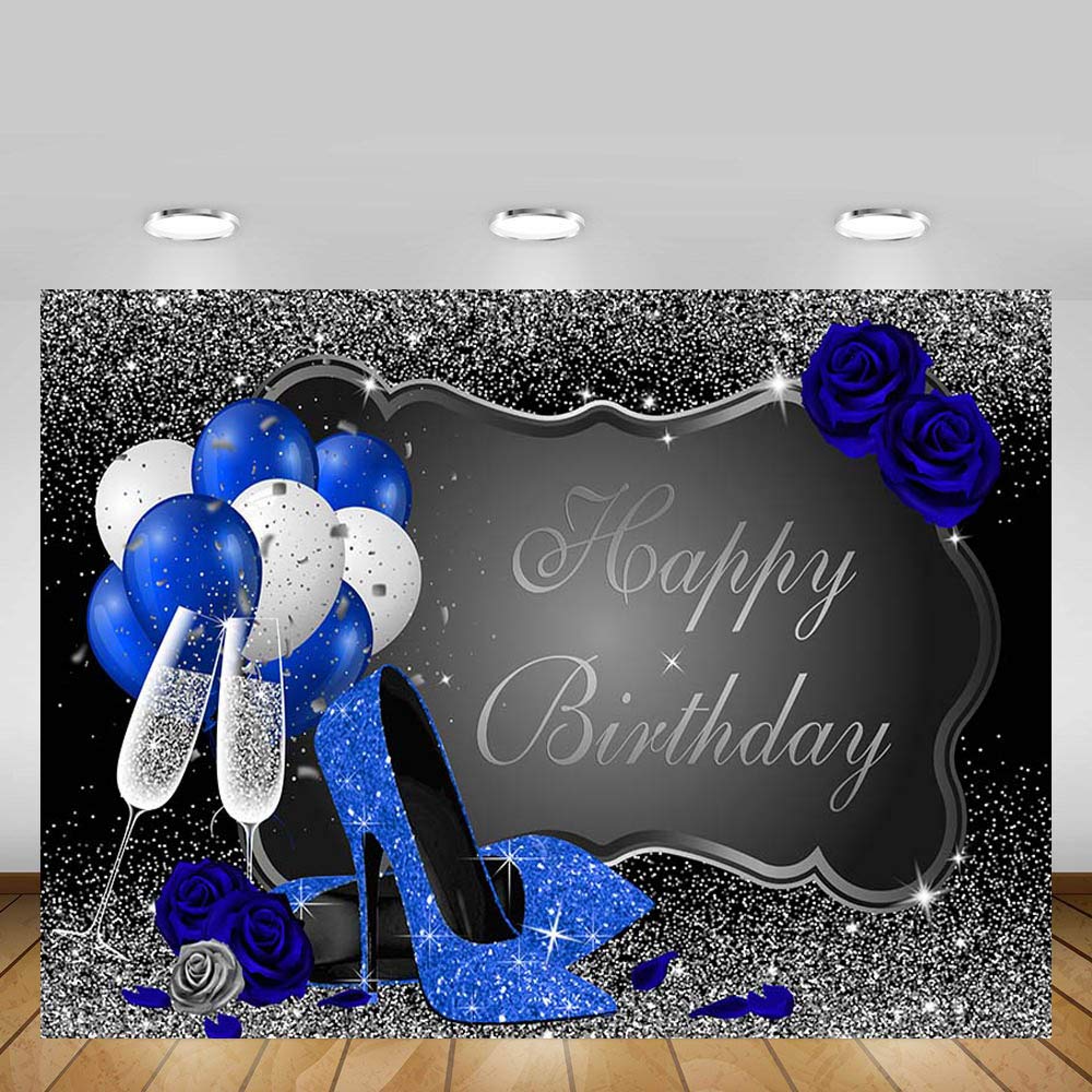 Royal Blue High Heels & Champagne Balloons Photography Backdrop - 5x3ft Silver Black Photo Background with Blue Rose Decor for Women's Birthday Party, Bridal Shower, Baby Shower & Special Events
