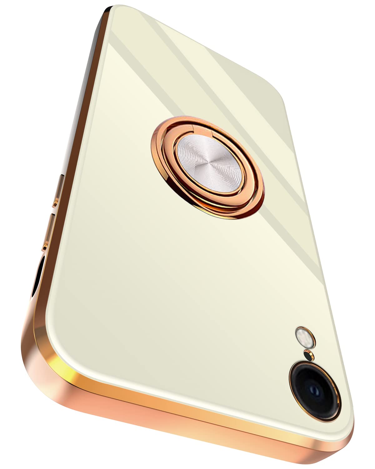 Magnetic Shockproof iPhone XR Case with Ring Holder & Kickstand - Soft TPU Electroplated Protective Cover for iPhone XR (White) - Perfect for Work, Travel & Everyday Use