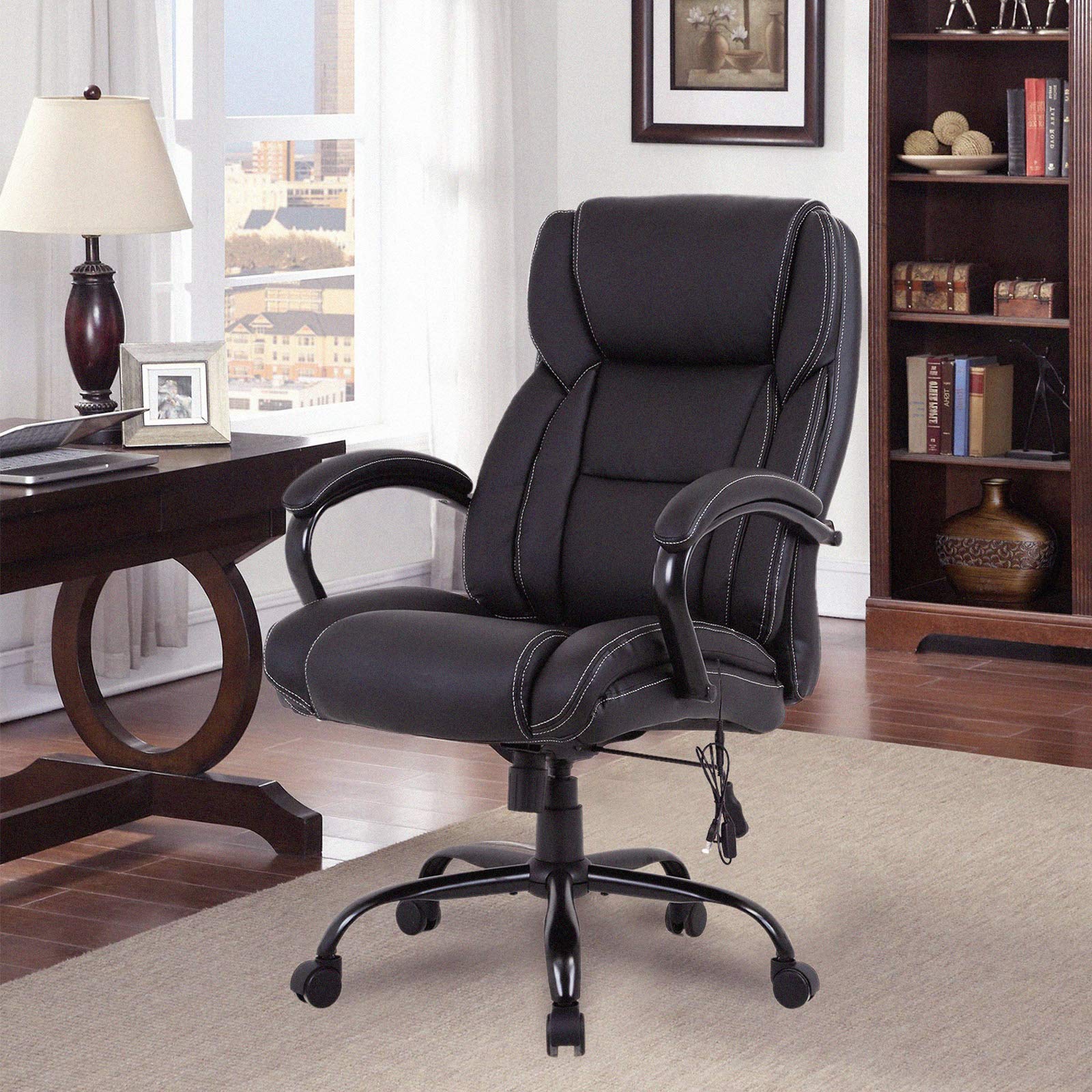 LCH Big & Tall Office Chair 500lbs Capacity - Heavy Duty PU Leather Executive Chair with Massage & Lumbar Support - Wide Seat Ergonomic Desk Chair for Large Adults - Perfect for Home Office & Gaming Setup (Black)