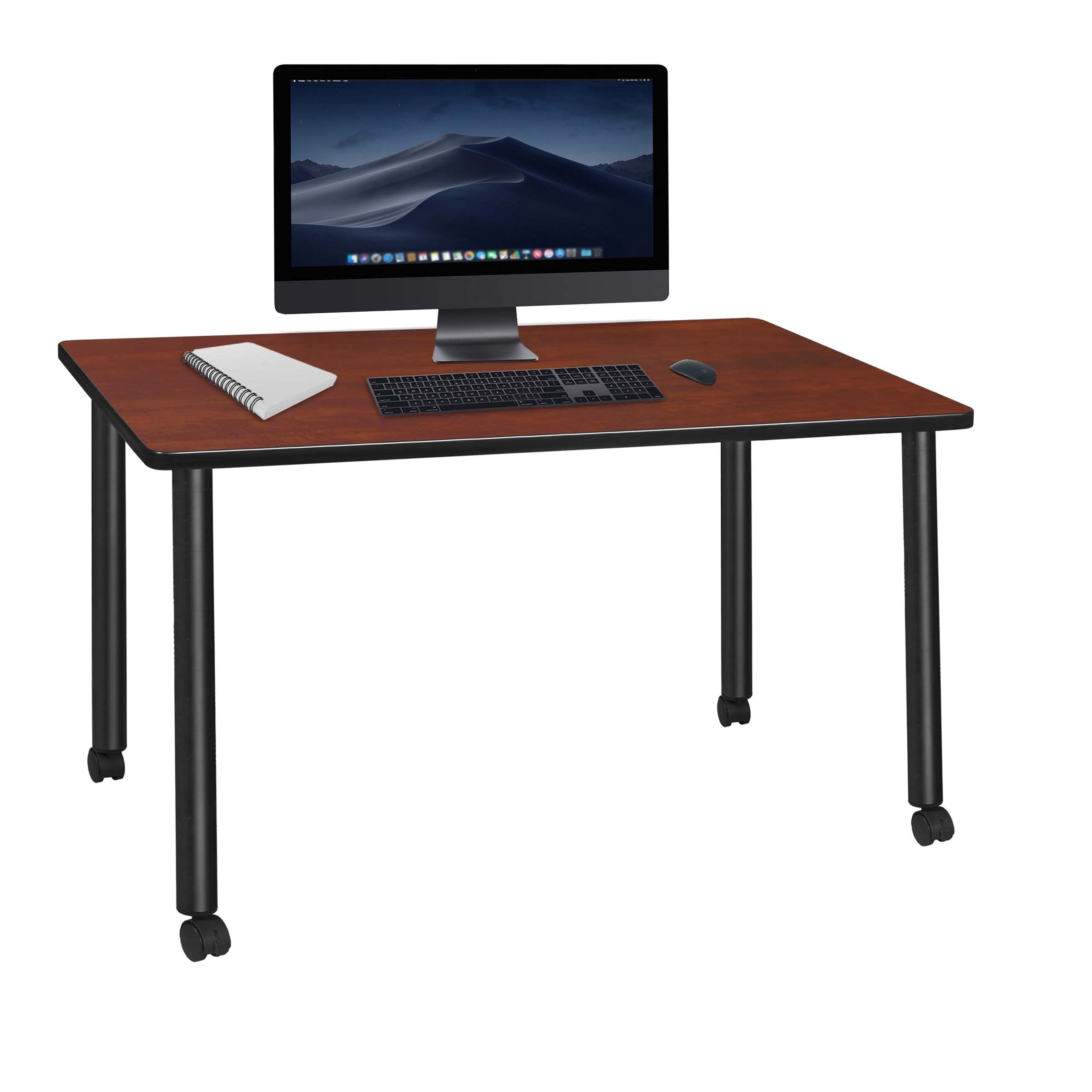 Regency Kee Mobile Desk Table - 60 Inch Cherry Wood Rolling Computer Desk with Locking Wheels - Perfect for Home Office, Study Room, or Small Workspace