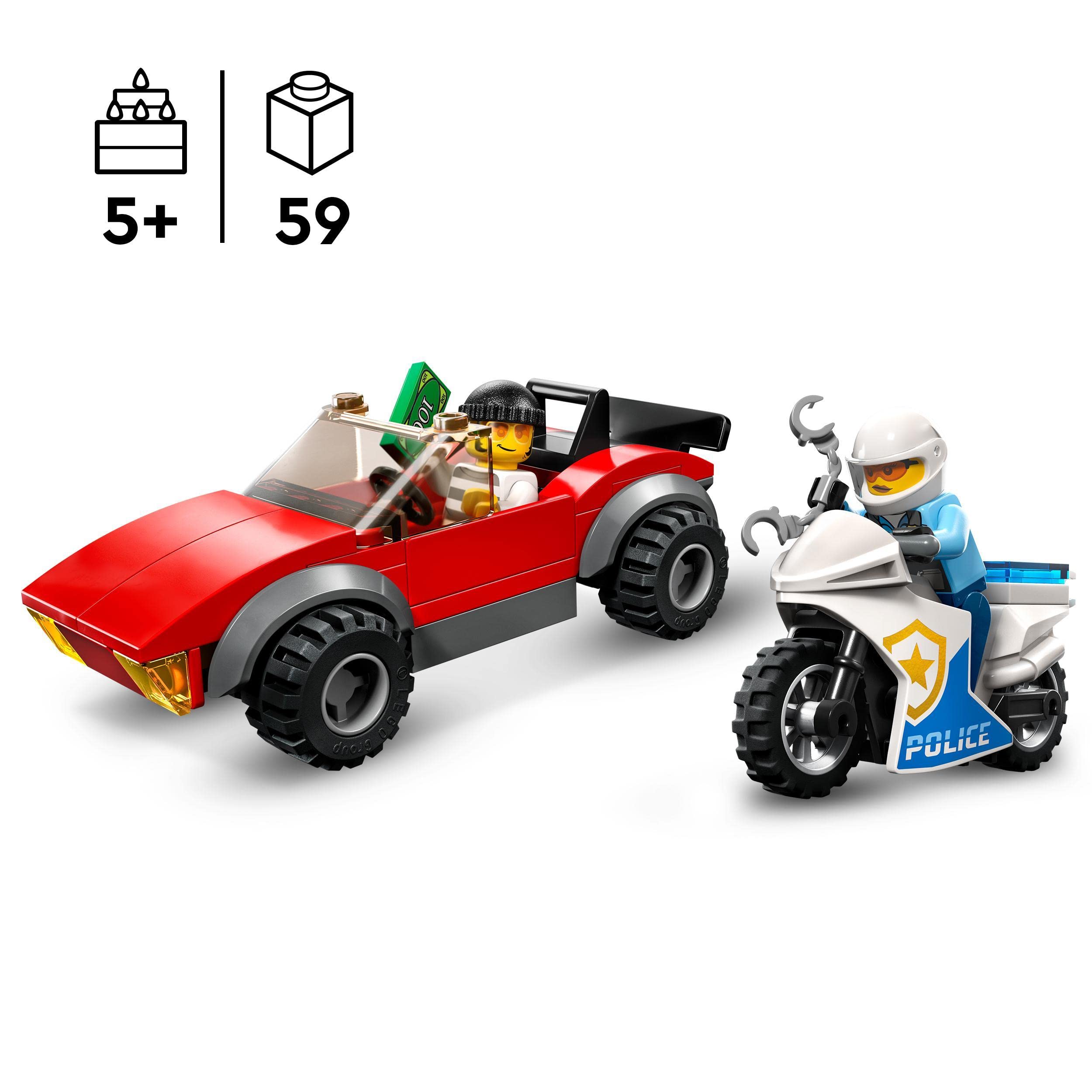 LEGO 60392 City Police Motorcycle Chase Toy Set with Race Car & 2 Police Minifigures – Birthday Gift Idea for Kids Ages 5+ – Fun Pretend Play & Adventure Scenes