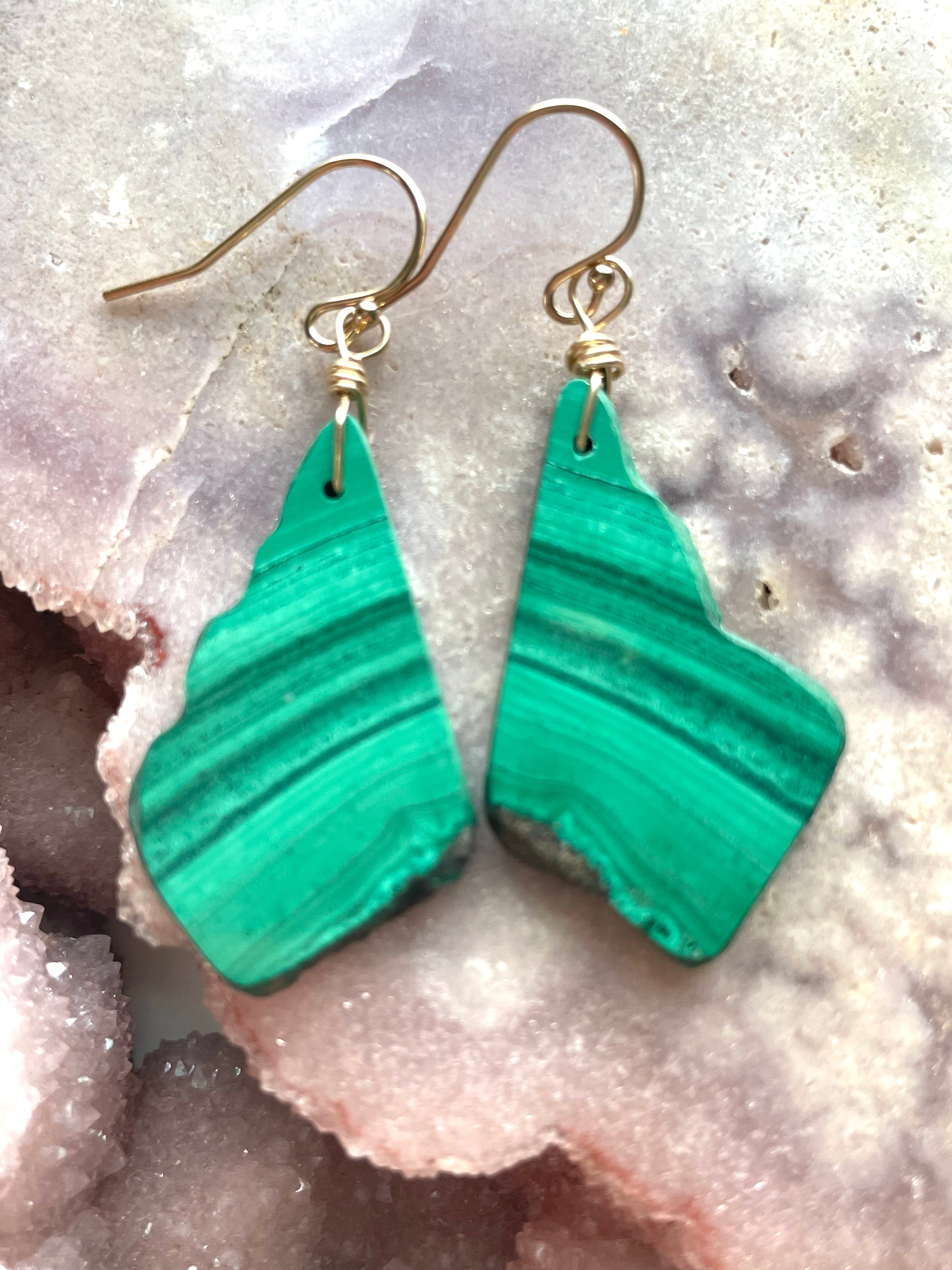 14kt Gold Filled Long Malachite Crystal Dangle Earrings - Handmade Boho Chic Jewelry for Women, Gift for Her | Perfect for Parties, Weddings & Special Occasions