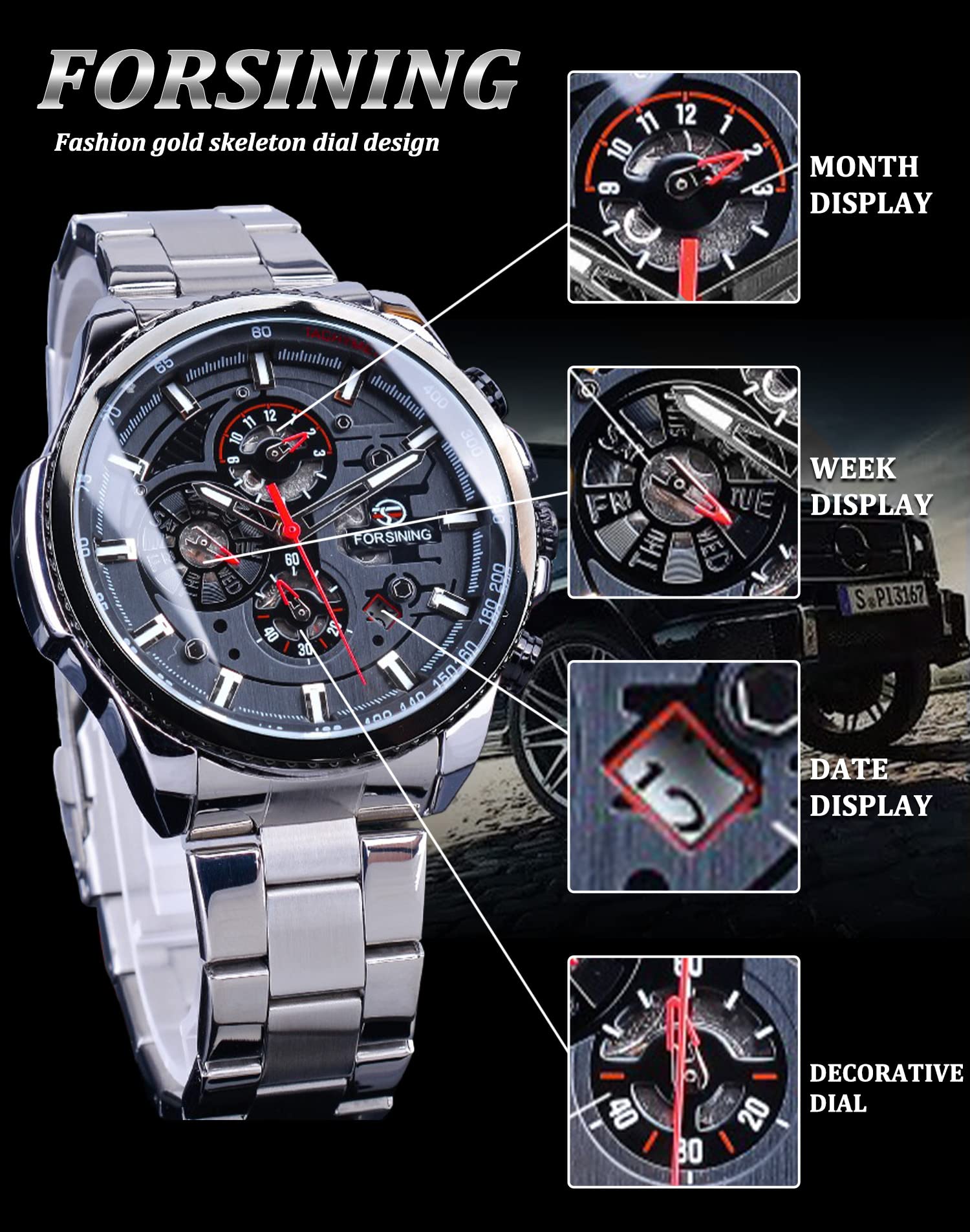 FORSINING Men's Automatic Self-Winding Luxury Stainless Steel Watch with Date, Month, Day, Stopwatch & Tachymeter - Large Dial Mechanical Wristwatch for Business, Formal & Casual Wear