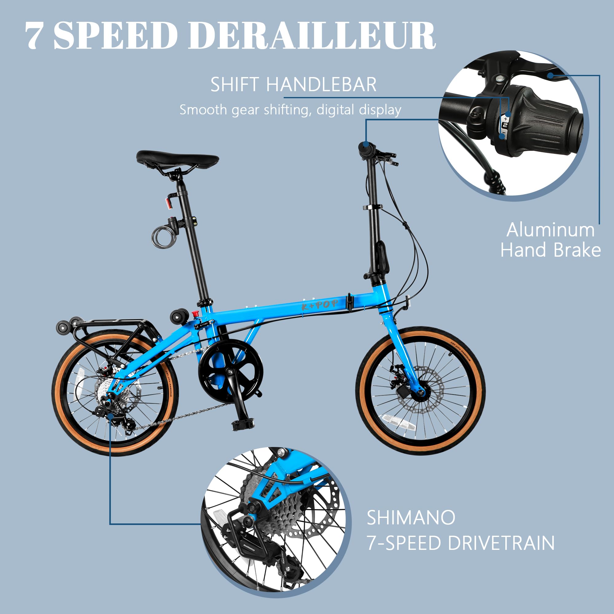 16 Inch Folding Bike for Adults - 7-Speed Commuter Bicycle with Front & Rear Disc Brakes | Compact Foldable Design for Urban Travel, Campus Commute & Outdoor Recreation