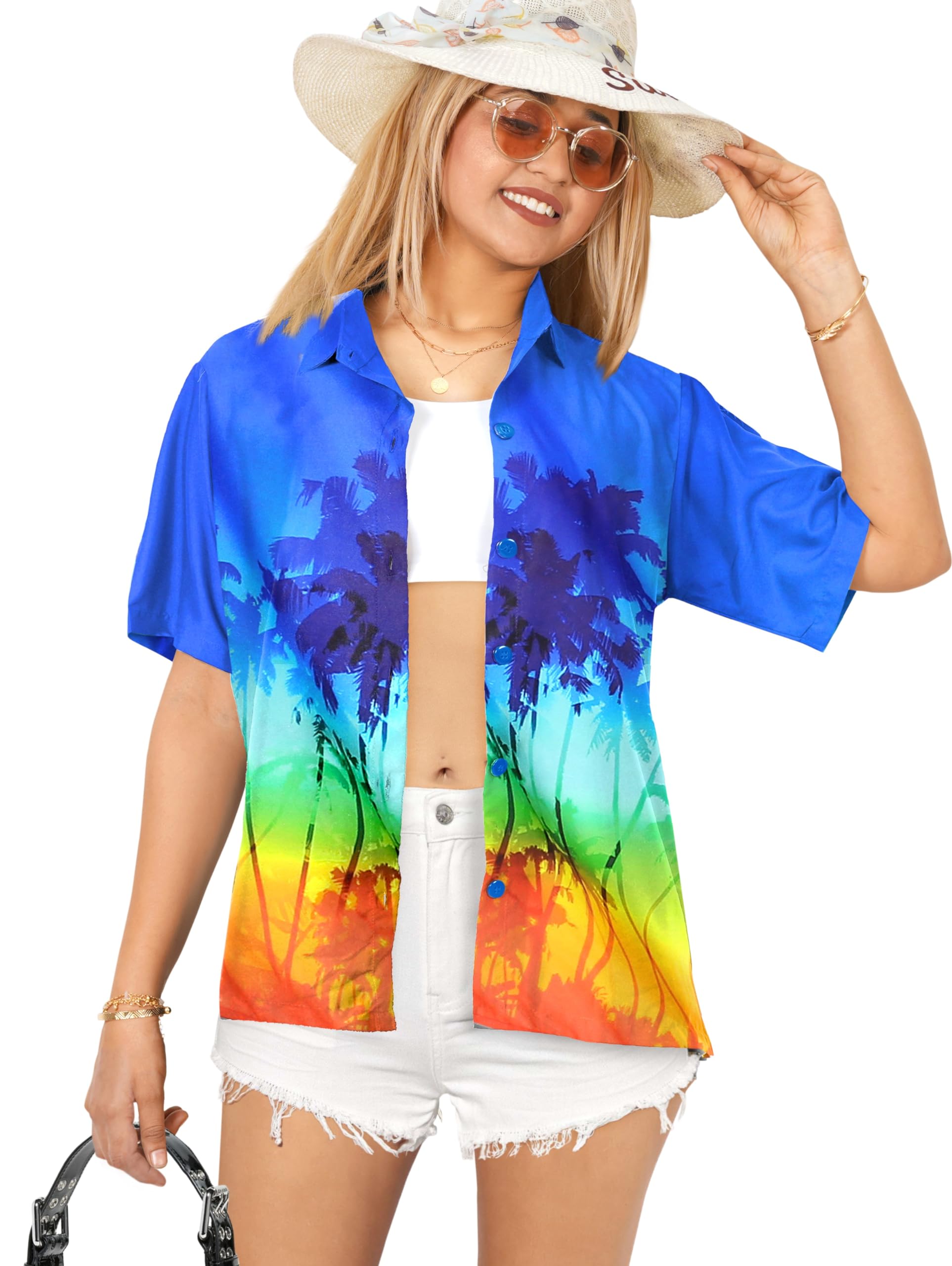 Happy Bay Women's Hawaiian Short Sleeve Beach Blouse - Tropical Floral Print Vacation Shirt for Summer, Pool Party & Island Getaway