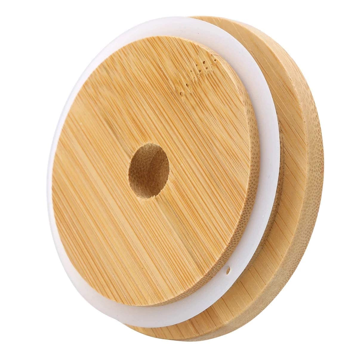 4 Pack 86mm Wide Mouth Bamboo Mason Jar Lids with Straw Hole - Reusable Leak-Proof Bamboo Caps for Glass Canning Jars - Perfect for Iced Tea, Cold Brew Coffee & Smoothie Storage