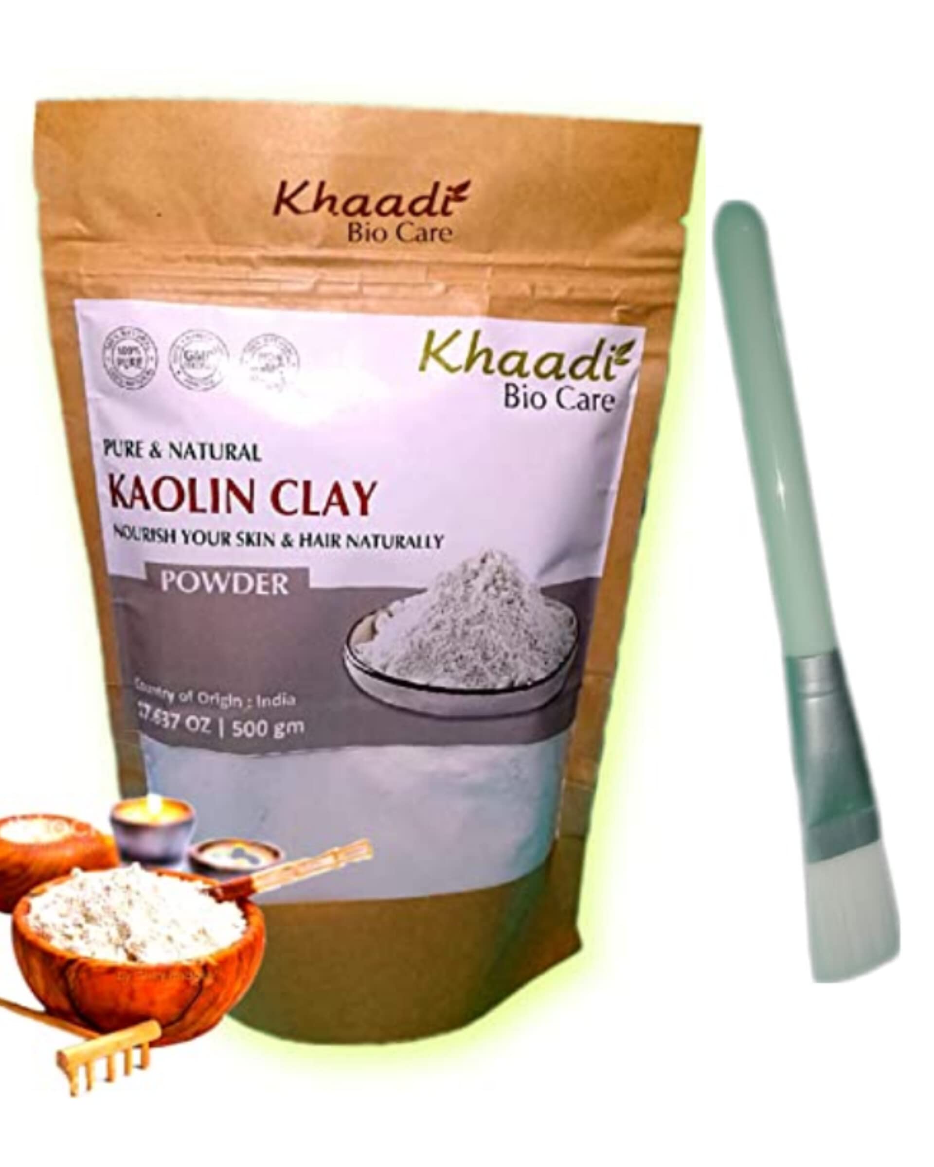 Khaadi Biocare Natural Kaolin Clay Powder 500g | Pure China Clay for Acne & Blackhead Treatment | Skin Brightening & Glowing Complexion | Includes Face Applicator Brush | Perfect for DIY Face Masks & Spa Days