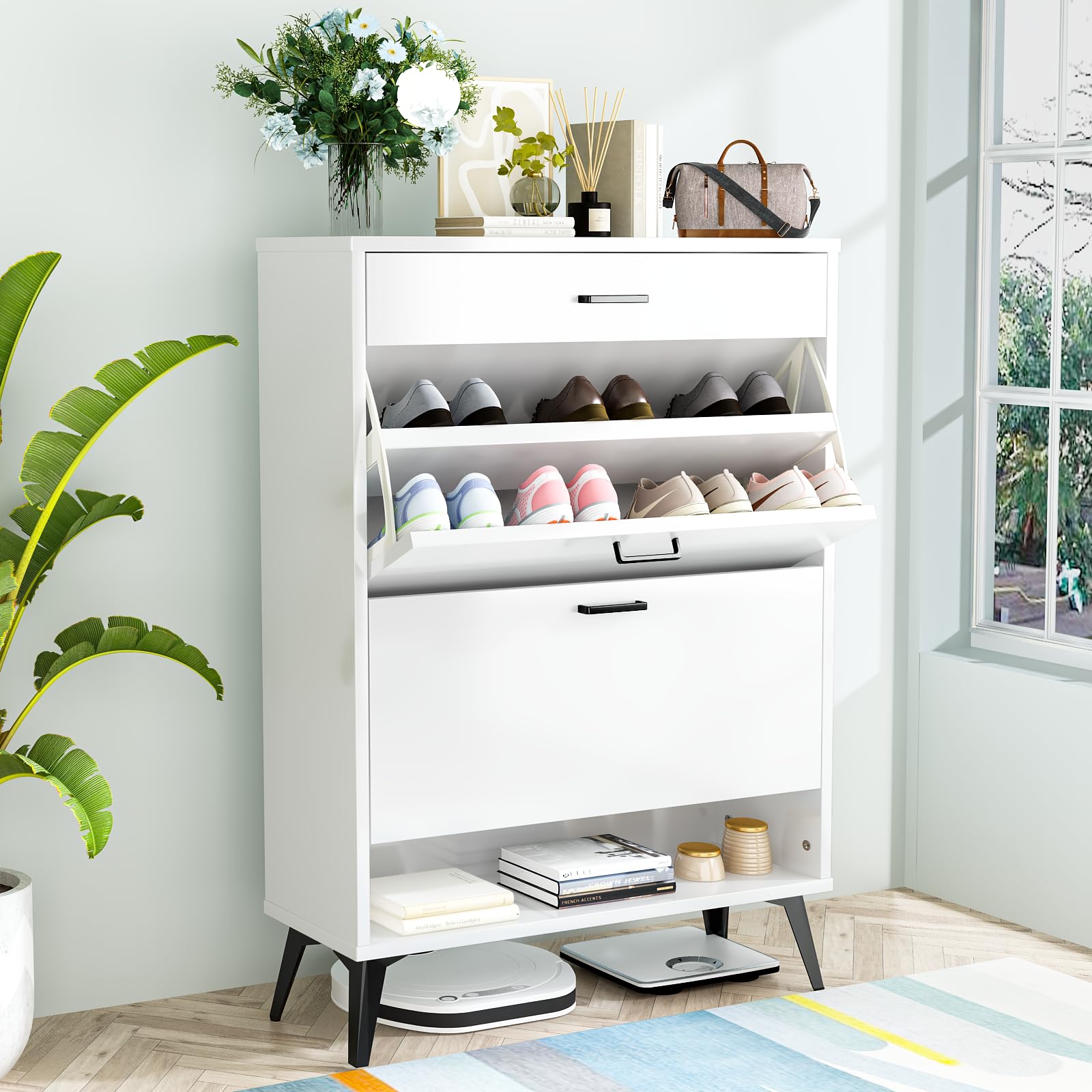 Lamerge Shoe Storage Cabinet for Entryway - Free Standing Shoe Organizer with 2 Flip Drawers & Hidden Storage | White Shoe Rack for Hallway, Closet & Doorway Organization | Space-Saving Home Entry Solution (Model: SSM-W368110074-01)
