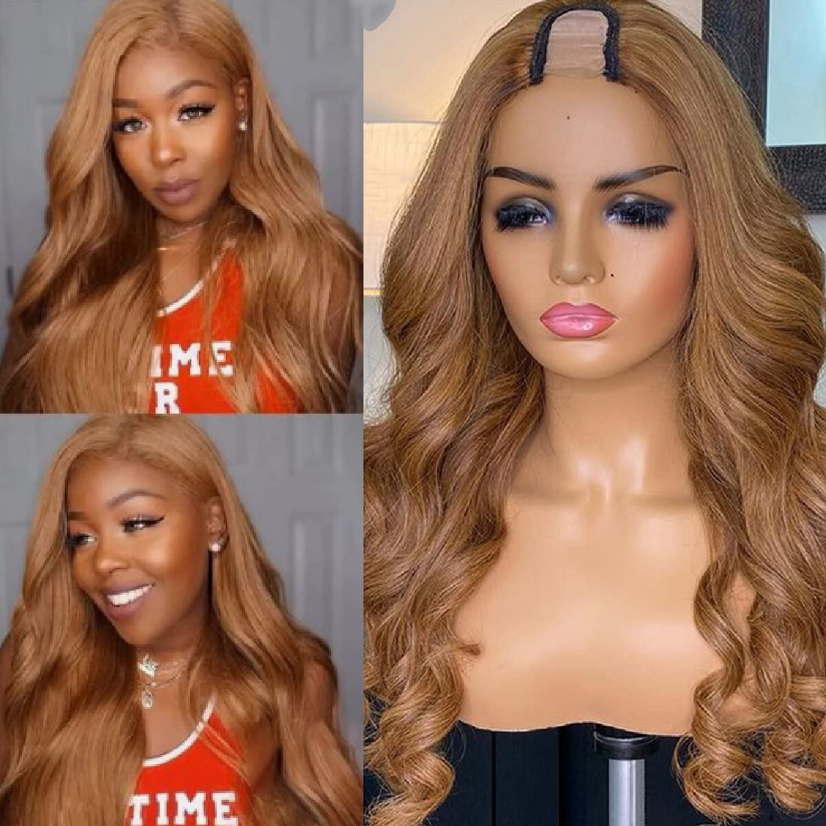 Honey Blonde U-Part Human Hair Wig for Black Women - Brazilian Remy Virgin Body Wave 18 Inch 150% Density (Color 27# Brown) | 2x4 U-Shape Clip-in Half Wig for Daily Wear, Parties & Special Occasions
