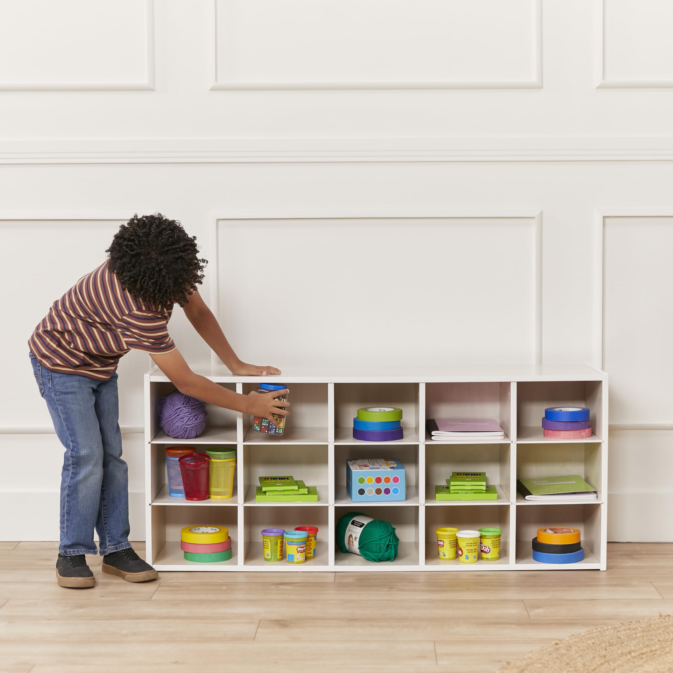 ECR4Kids 15-Cubby Storage Cabinet with Trays, 3x5 Organizer for Classroom, School, or Home - White Wash Finish - Perfect for Toys, Books, and School Supplies Storage