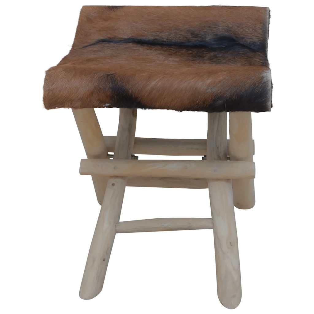 Premium Folding Stool with Genuine Goat Leather & Solid Teak Wood Frame - Rustic Modern Compact Chair for Home, Office, Camping & Outdoor Use