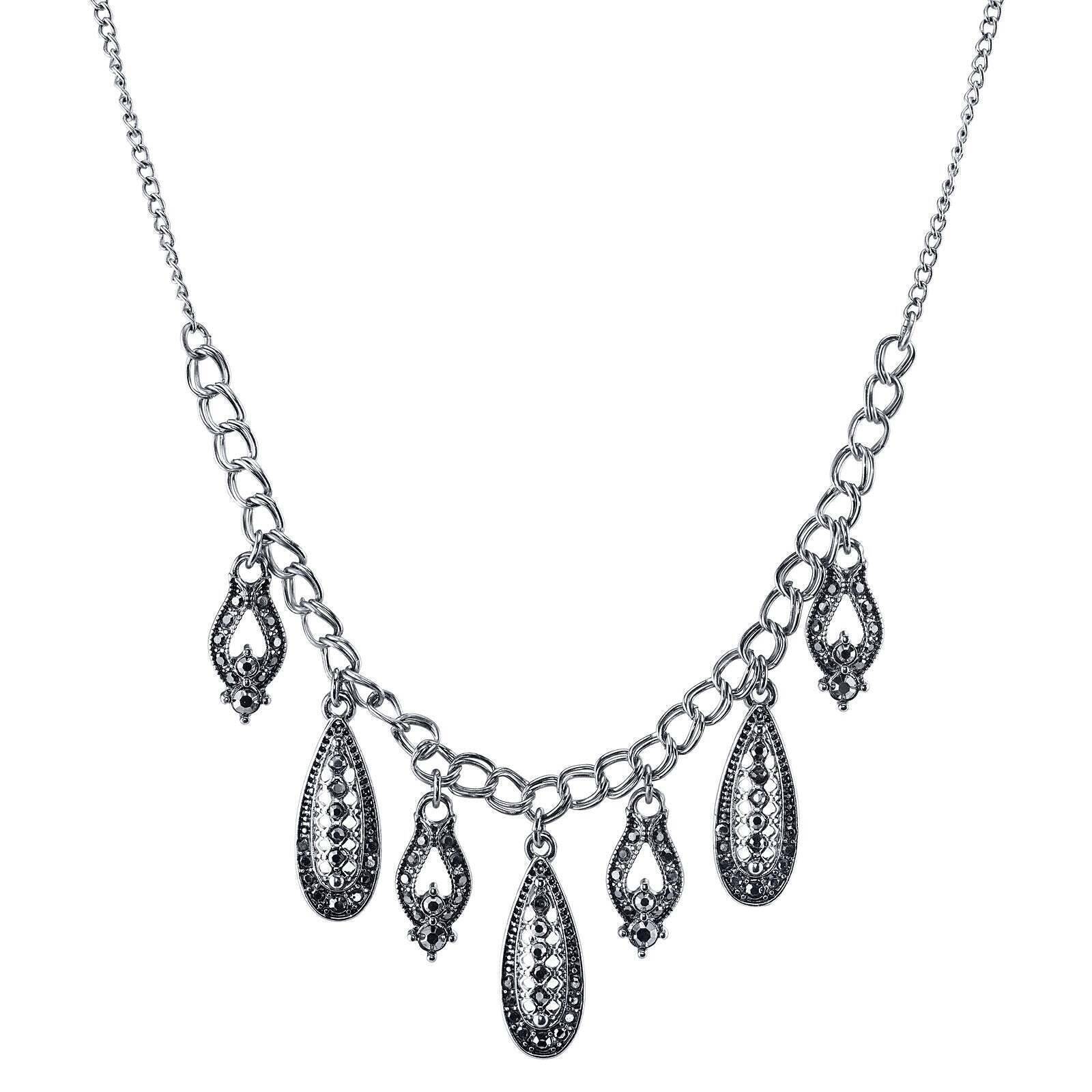 1928 Jewelry Hematite Glass Crystal Drop Necklace - 16