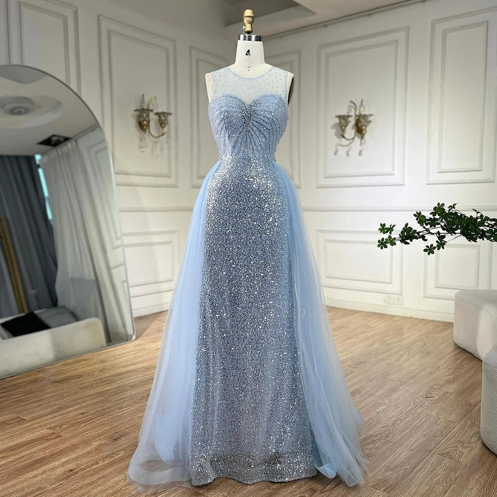 Sparkling Crystal Blue Evening Gown with Detachable Overskirt LA72588 - Elegant Prom Dress for Formal Events & Wedding Guest Attire