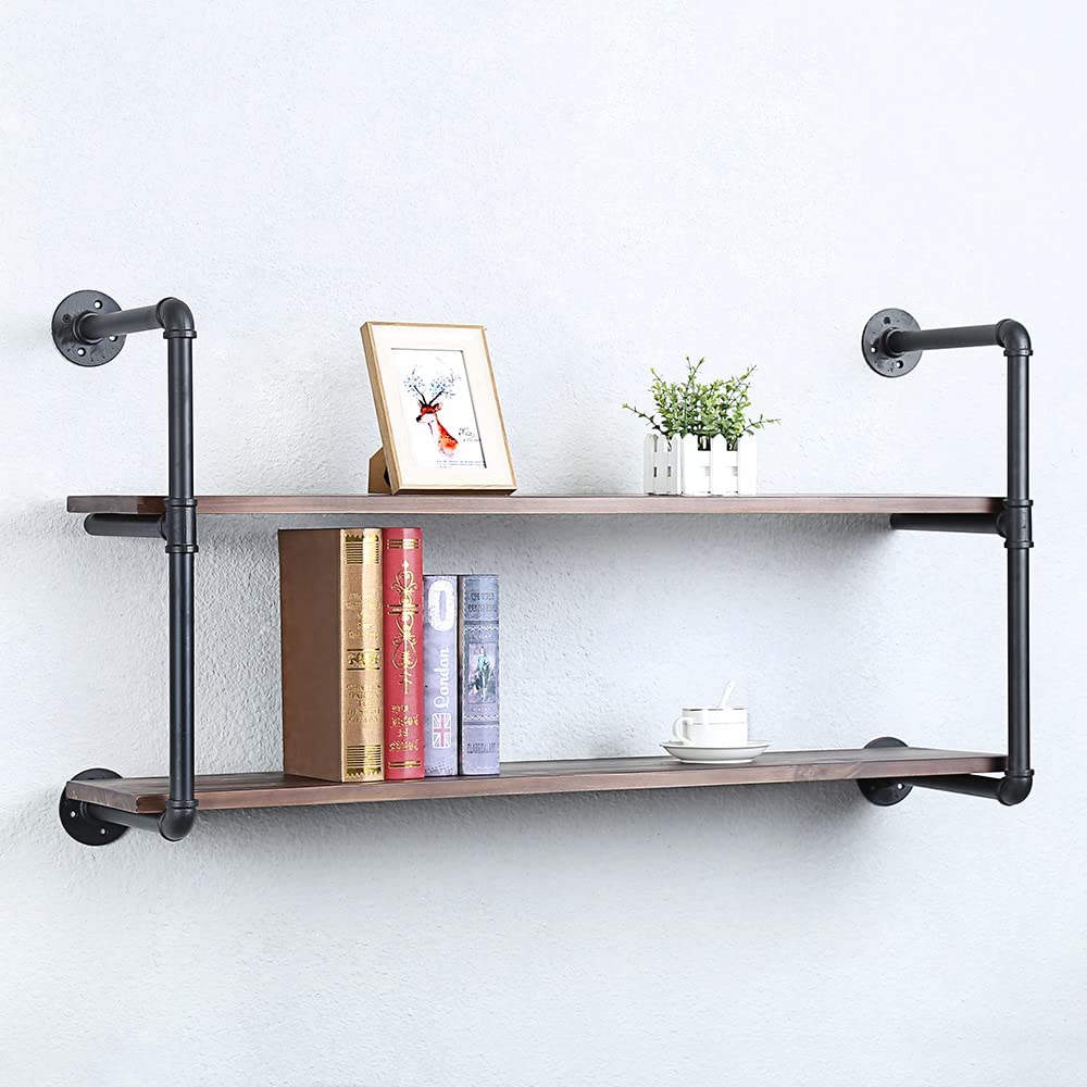 **Industrial Pipe Wall Shelves 42 Inch - Rustic Metal Floating Shelves with Real Wood, Steampunk Bookshelf for Farmhouse & Kitchen - 2 Tier Wall Mounted Shelf Unit (Perfect for Books, Decor, and Bar Storage)**