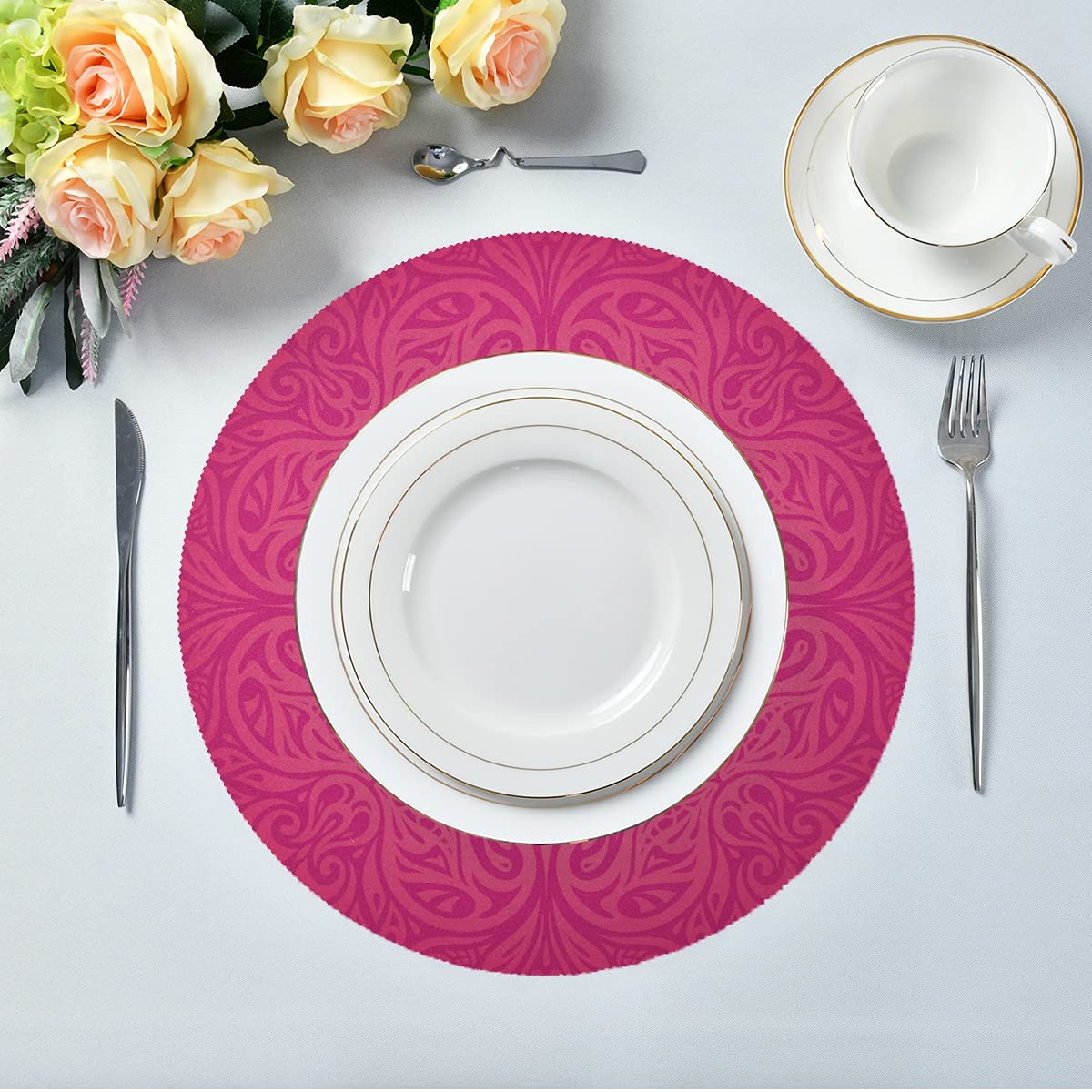 ALAZA Red Floral Hot Pink Mandala Round Placemats - Set of 1 Decorative Dining Table Mat for Kitchen, Home Decor & Holiday Settings | Perfect for Dinner Parties, Festive Gatherings & Everyday Use