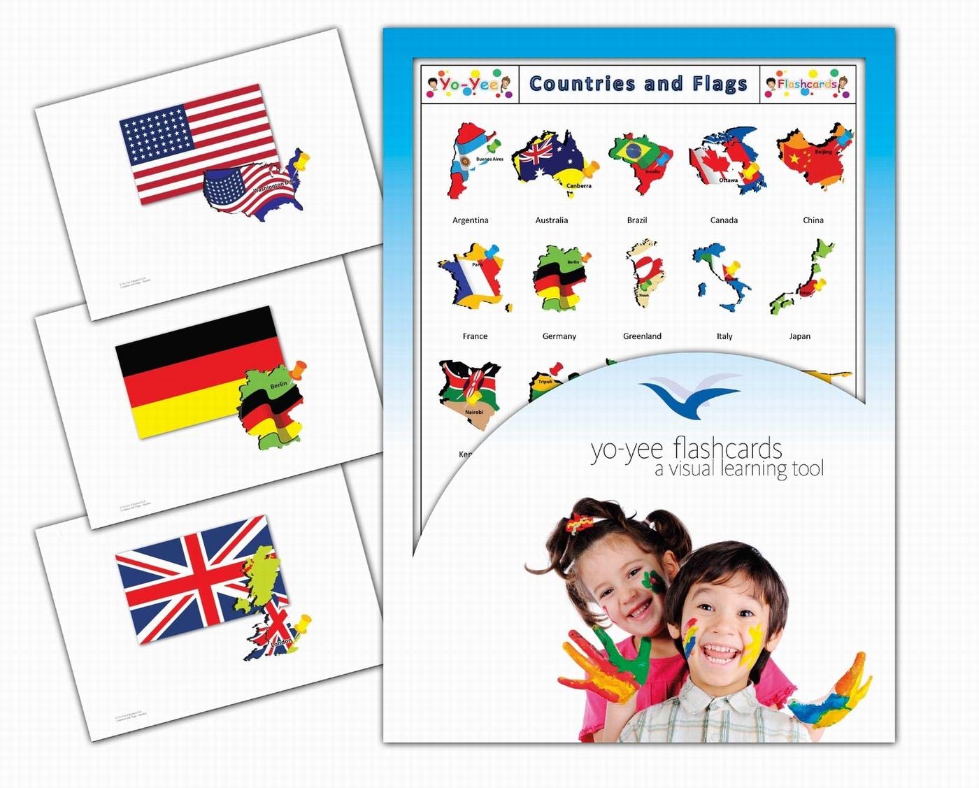 Yo-Yee Educational Flash Cards - Continents, Countries & Flags Vocabulary Learning Cards for Toddlers, Kids & Children - English Language Teaching Materials with Fun Activities & Games - Perfect for Homeschooling, Classroom & Travel Learning