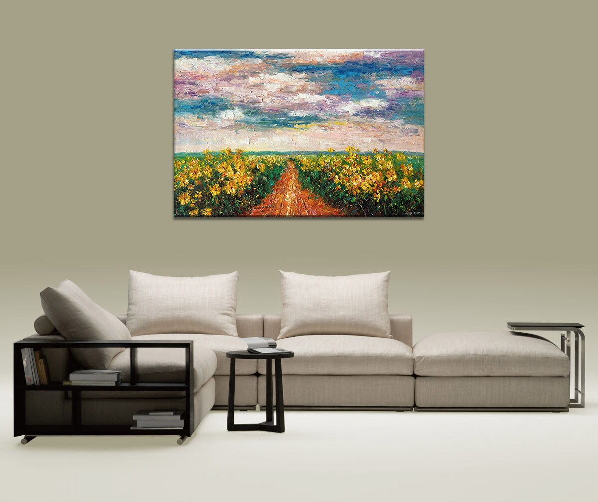 Vibrant Sunflower Field Oil Painting by George Miller - Handmade Palette Knife Artwork, Ready to Hang Wall Decor for Living Room, Bedroom & Office