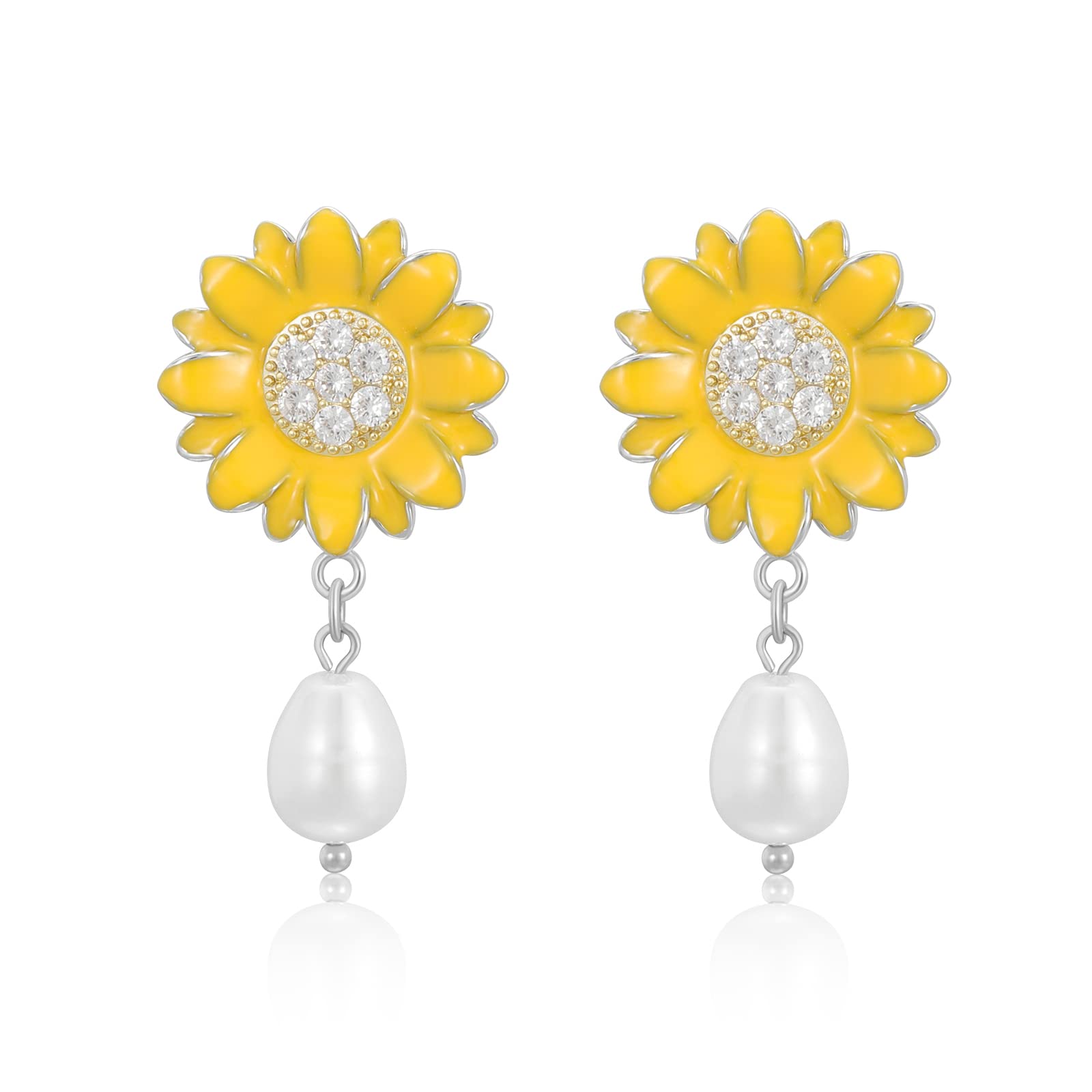 16K Gold Plated Sunflower Rose Drop Earrings for Women - Yellow CZ Pearl Daisy Stud Earrings Jewelry Gift for Birthday, Anniversary & Wedding | Perfect for Casual Wear, Office & Special Occasions