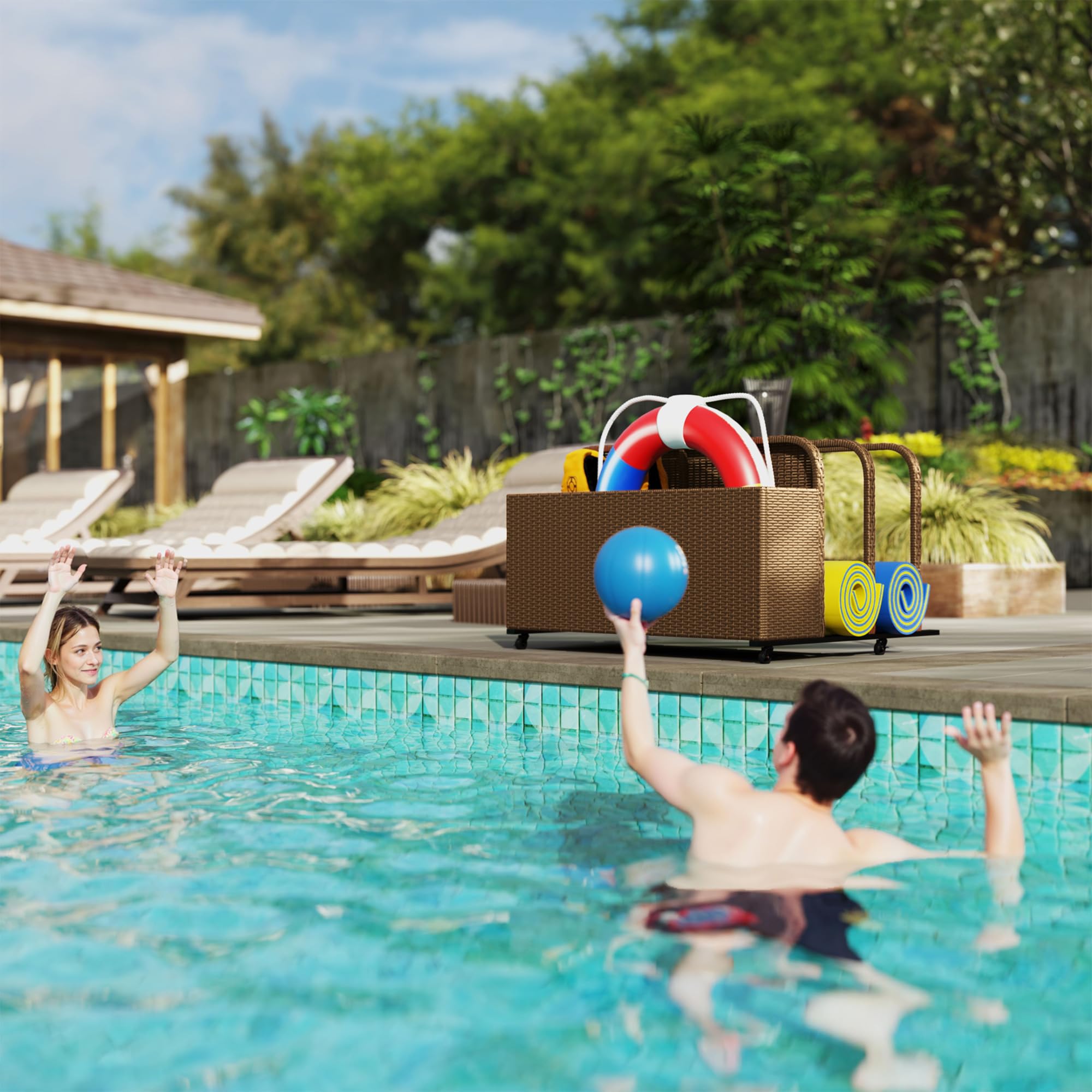 Outsunny Brown PE Rattan Pool Float Storage Basket with Wheels - Outdoor Wicker Caddy Organizer for Pool Toys, Floaties, Noodles, Beach Balls & Life Vests - Perfect for Backyard, Poolside & Beach Storage