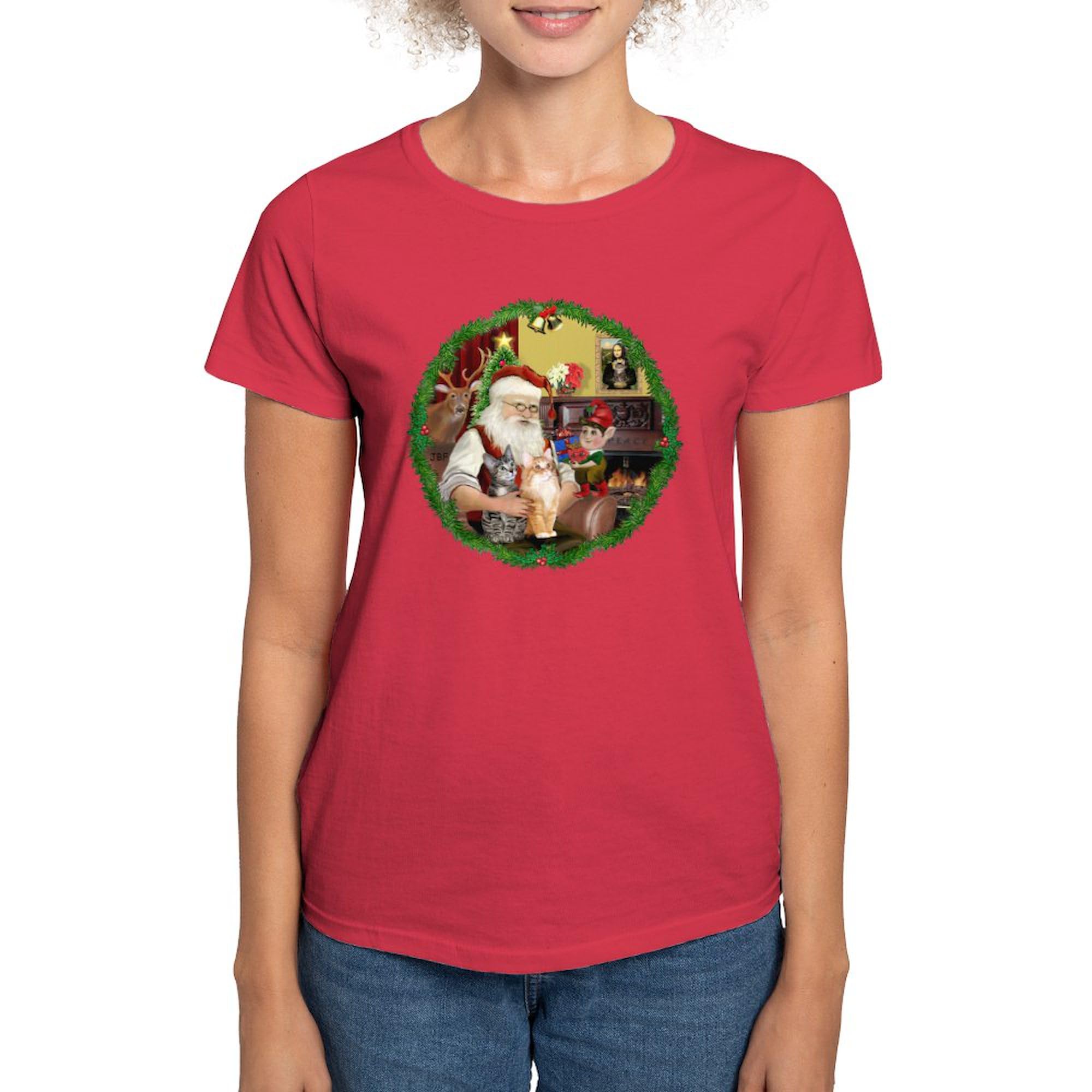 Santa's 2 Tabby Cats Women's Dark Cotton T-Shirt | Funny Christmas Cat Lover Tee | Perfect Gift for Cat Owners & Holiday Parties