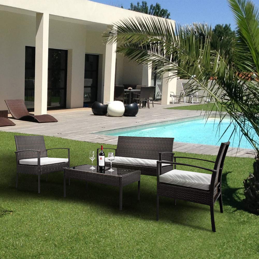 4-Piece All-Weather Outdoor Patio Rattan Furniture Set with 1 Double Seat, 2 Single Chairs & 1 Tempered Glass Coffee Table - Perfect for Garden, Backyard, Poolside or Balcony Relaxation