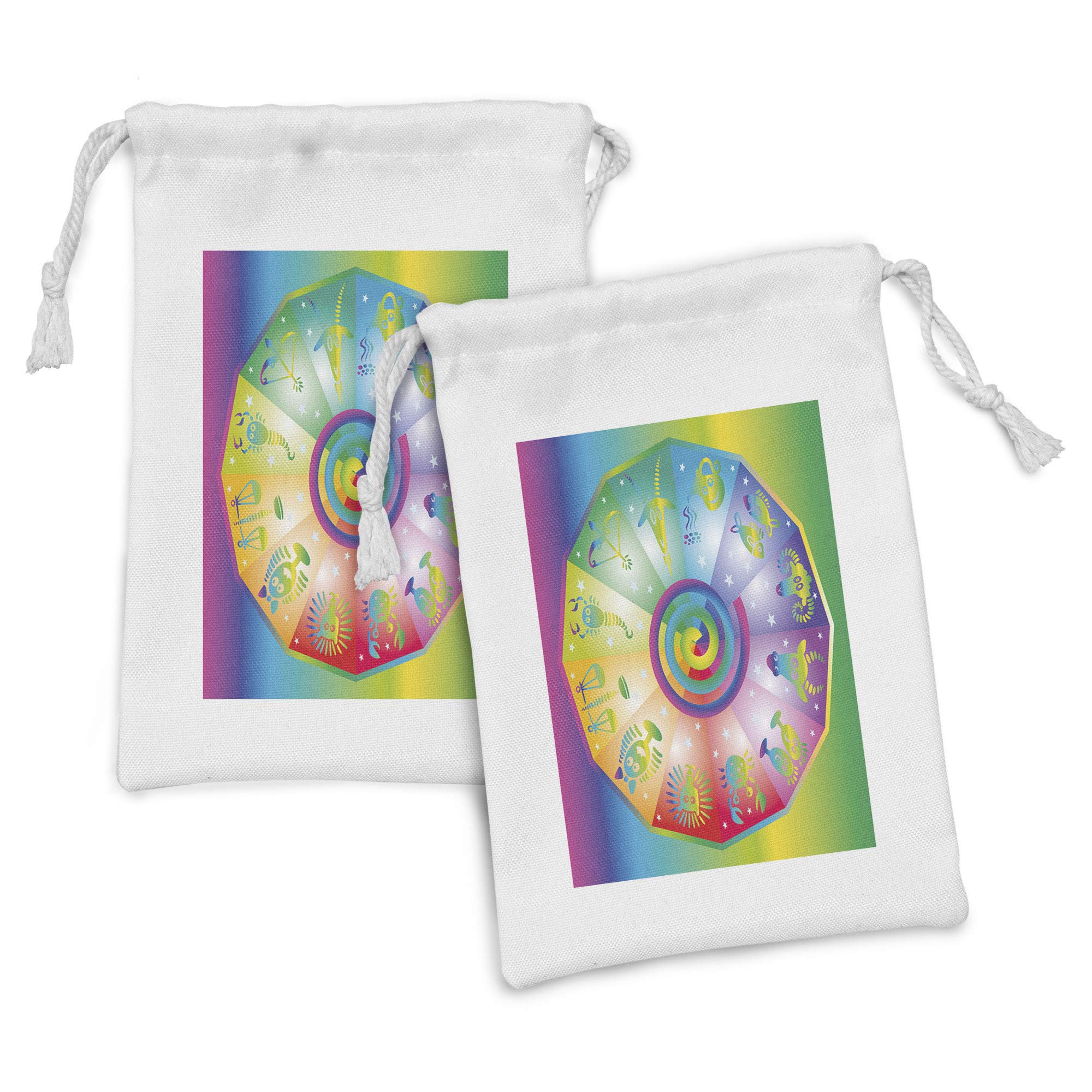 Ambesonne Astrology Fabric Pouch Set of 2 - Hippie Style Rainbow Stars Drawstring Bags with Zodiac Signs (9