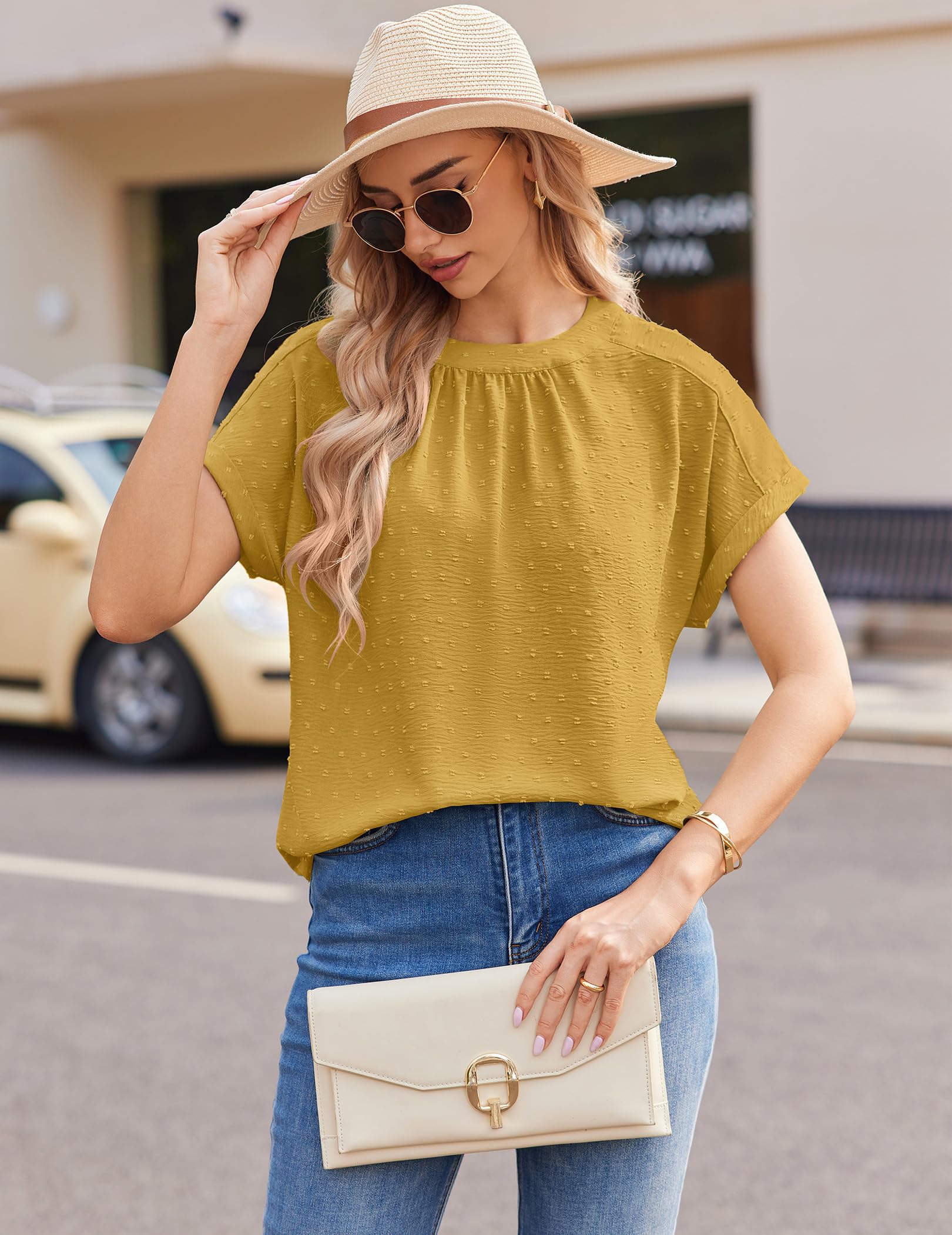 Women's Swiss Dot Chiffon Blouse - Dressy Casual Short Sleeve Top for Business & Summer Wear | Office, Date Night, Cocktail Party Outfits