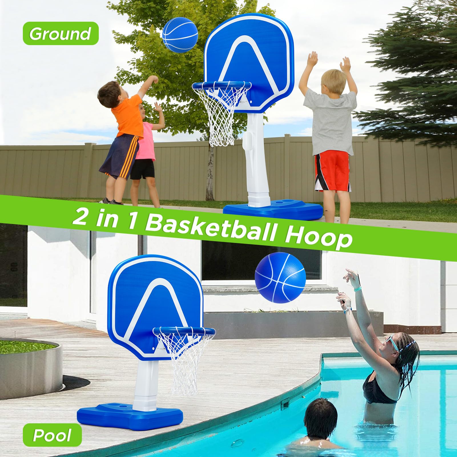 **Adjustable Height Pool Basketball Hoop Set with 2 Balls & Pump - Fun Poolside Games for Kids, Adults & Family - Perfect for Summer Backyard & Beach Parties**