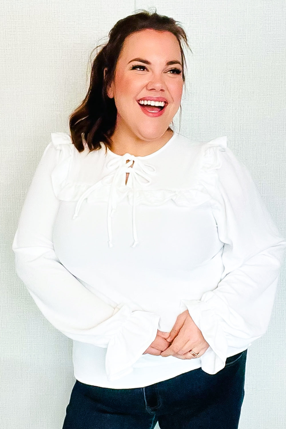 Eyes On You Ivory Ribbon Tie Bow Square Neck Ruffle Bubble Sleeve Blouse for Women - Elegant Party Top for Date Night, Wedding Guest Outfit & Office Wear