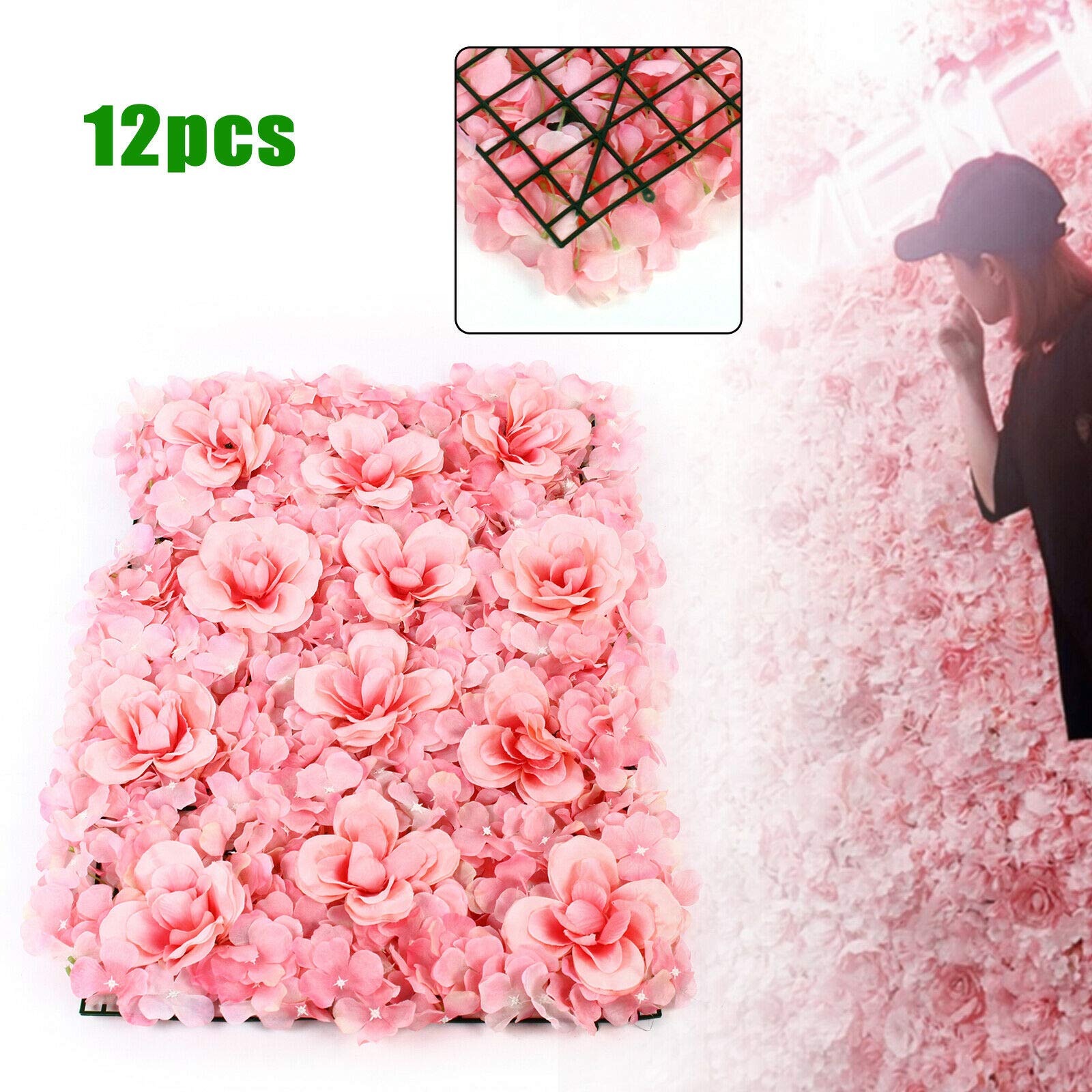 12pcs Artificial Rose Flower Wall Panels - Pink Fake Roses for Wedding Backdrop, Party Decor, Event Decoration (24x16 Inches) - Perfect for Indoor & Outdoor Weddings, Baby Showers, Photo Booths