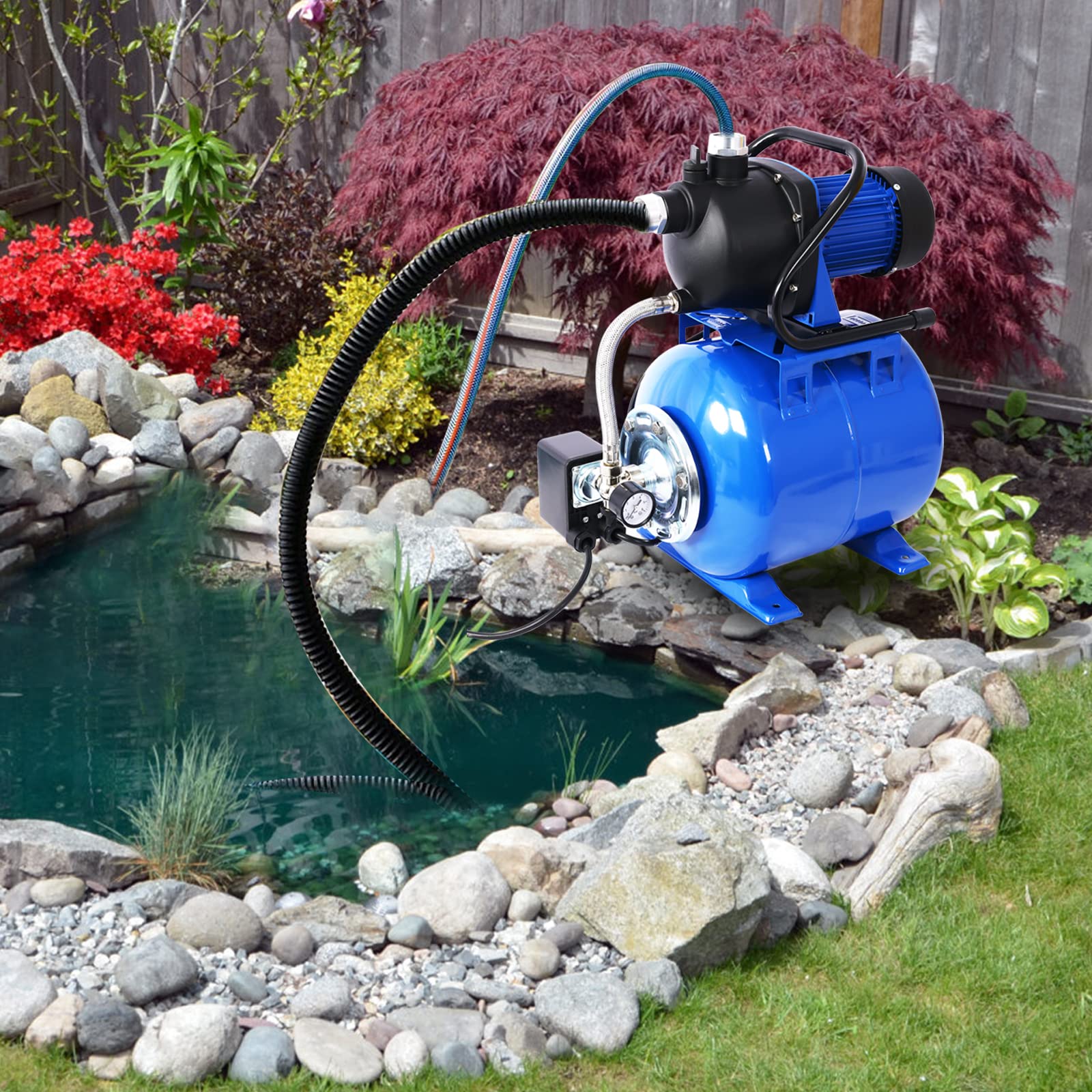 1.6HP Shallow Well Pump with Pressure Tank - High Efficiency Water Booster Pump for Home, Garden, Lawn & Farm Irrigation | Durable & Reliable | Perfect for Watering Systems, Sprinklers & Household Use (Blue)