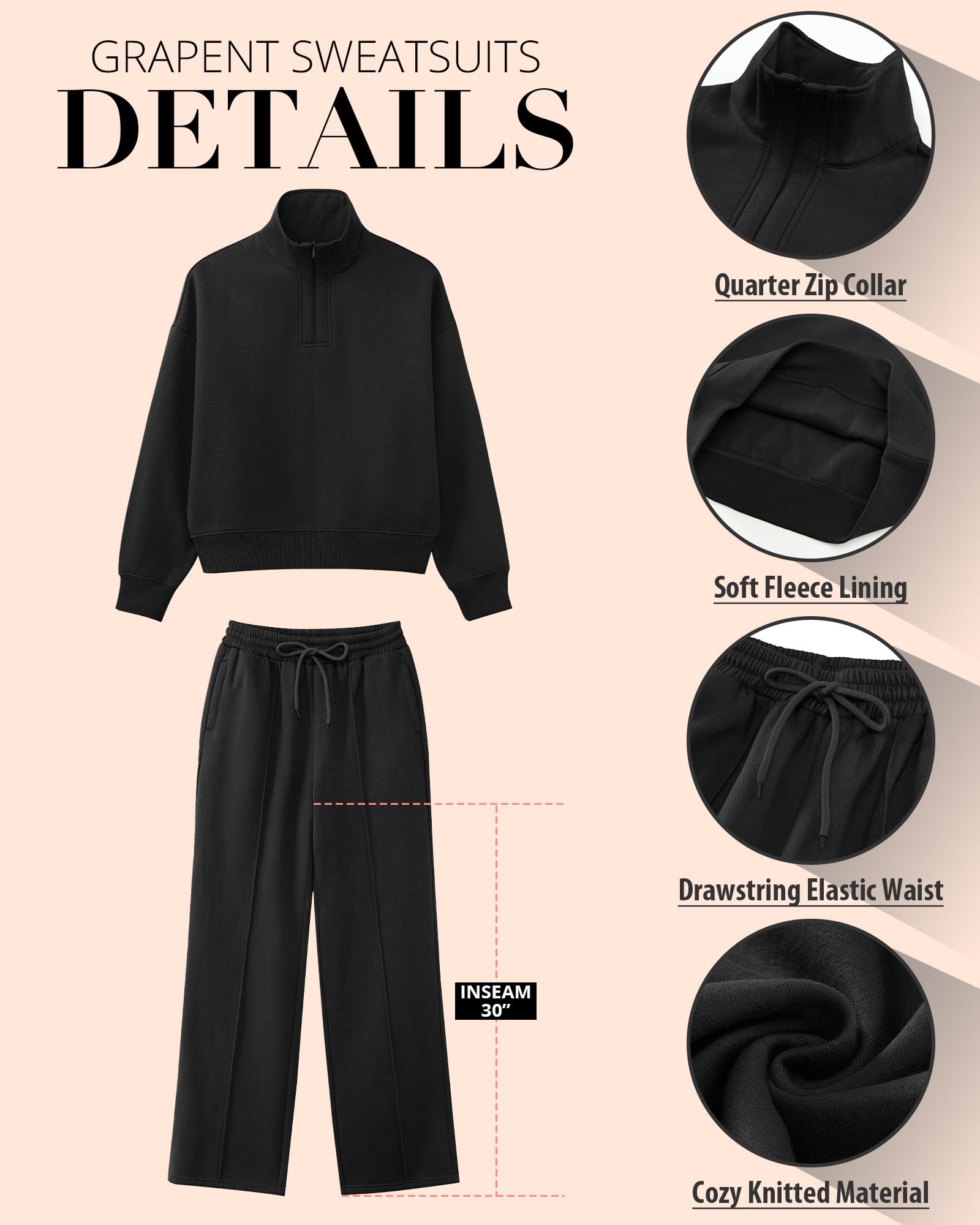 GRAPENT Women's 2-Piece Fleece Sweatsuit Set - Half Zip Sweatshirt & Wide Leg Sweatpants | Cozy Lounge Wear & Casual Tracksuit for Home, Gym & Outings